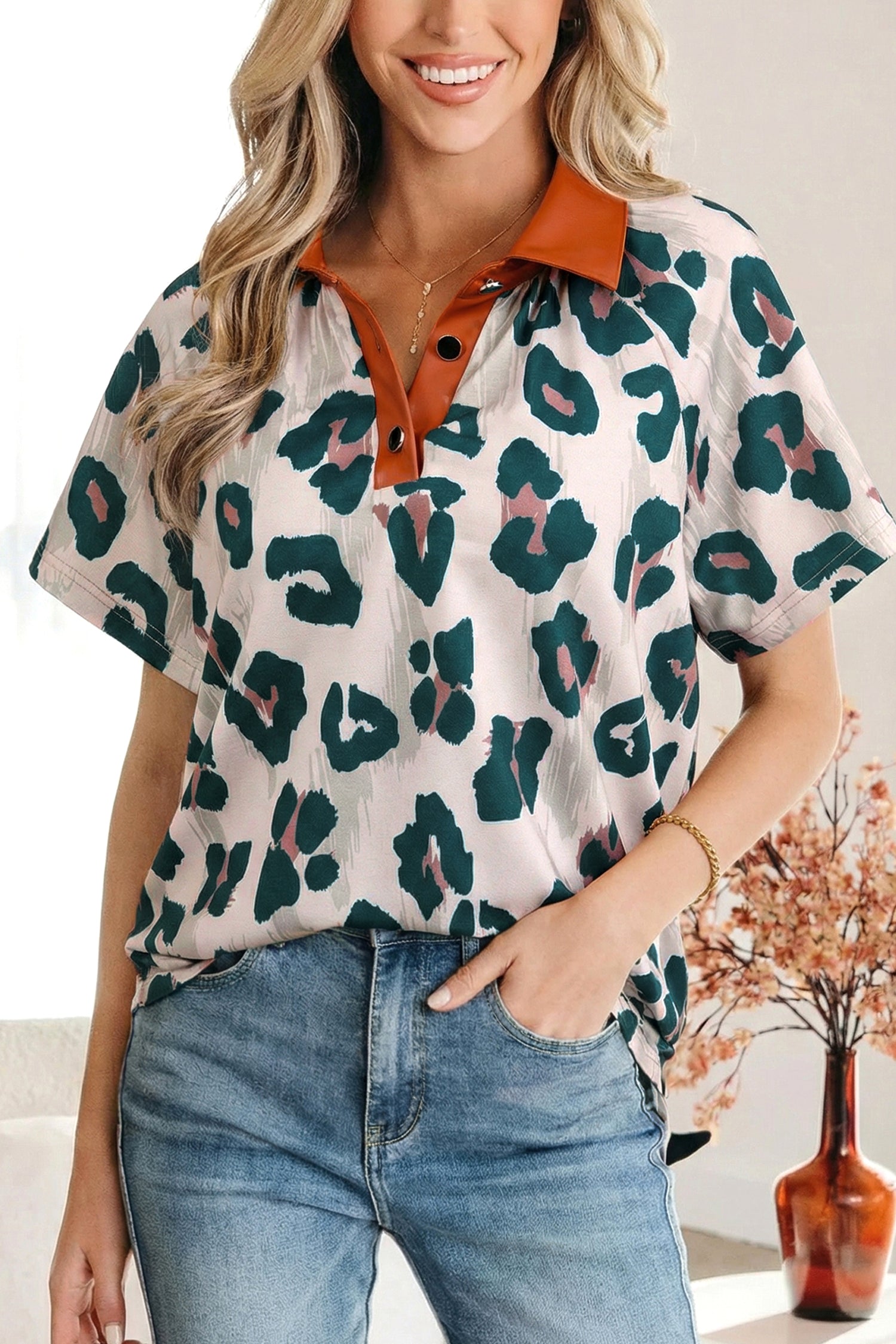 Casual Unique Leopard Print Button Contrast Collared Short Sleeve Blouse-Tops/Blouses & Shirts-[Adult]-[Female]-2022 Online Blue Zone Planet
