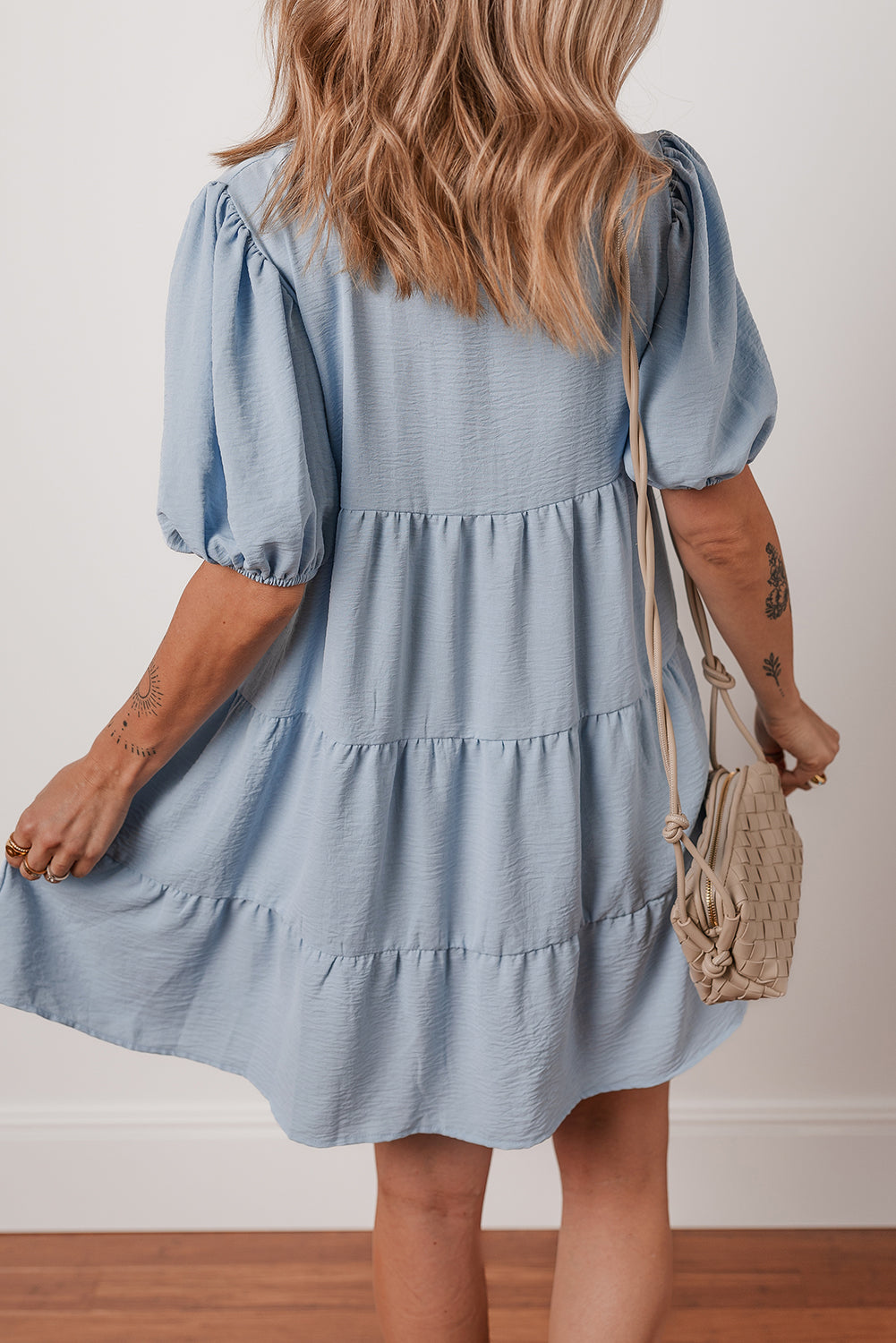 Beau Blue Shirt Collar Button Up Short Puff Sleeve Tiered Shift Dress-Dresses/Mini Dresses-[Adult]-[Female]-2022 Online Blue Zone Planet