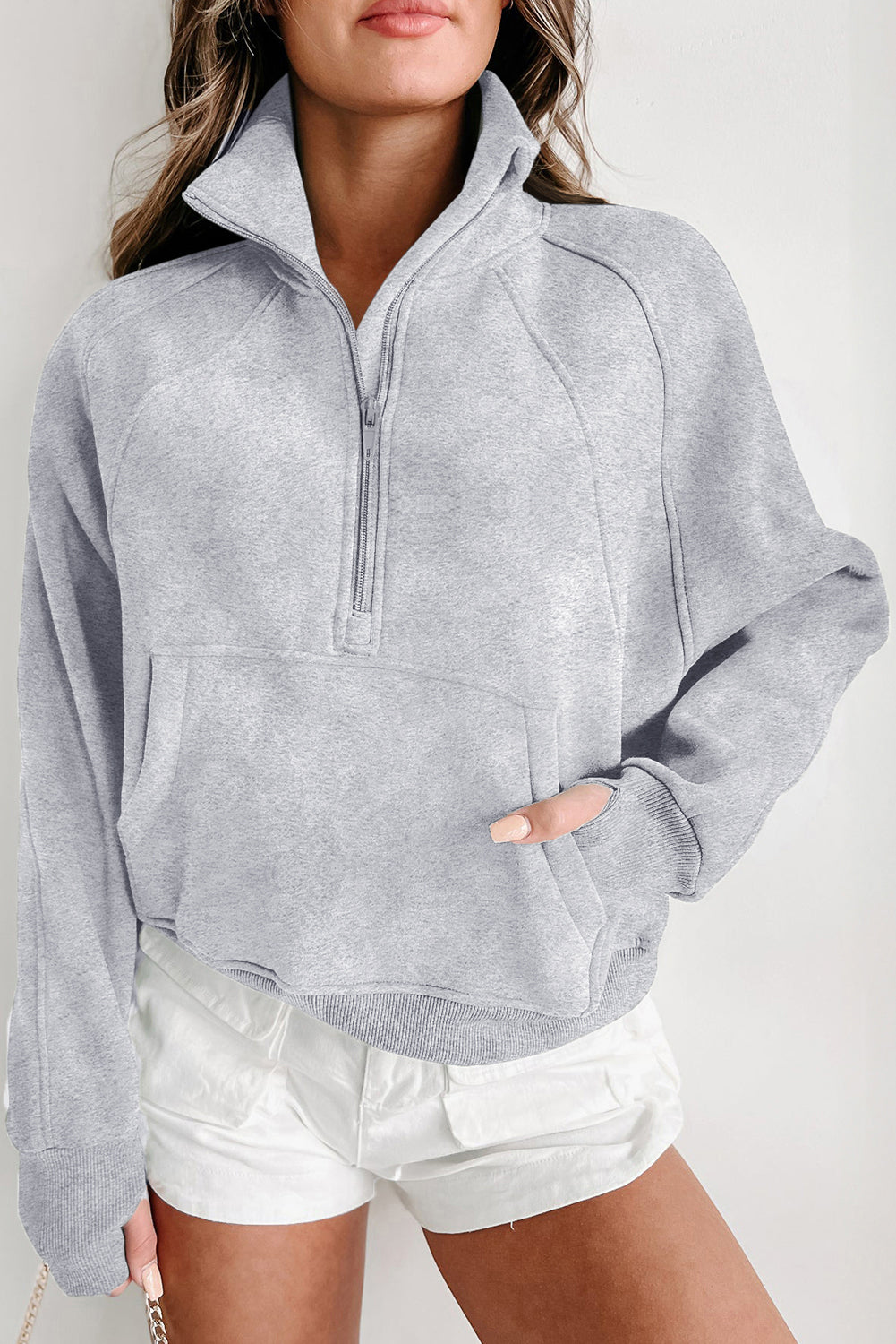 Brown Quarter Zip Stand Neck Kangaroo Pocket Sweatshirt-Tops/Sweatshirts & Hoodies-[Adult]-[Female]-Light Grey-S-2022 Online Blue Zone Planet