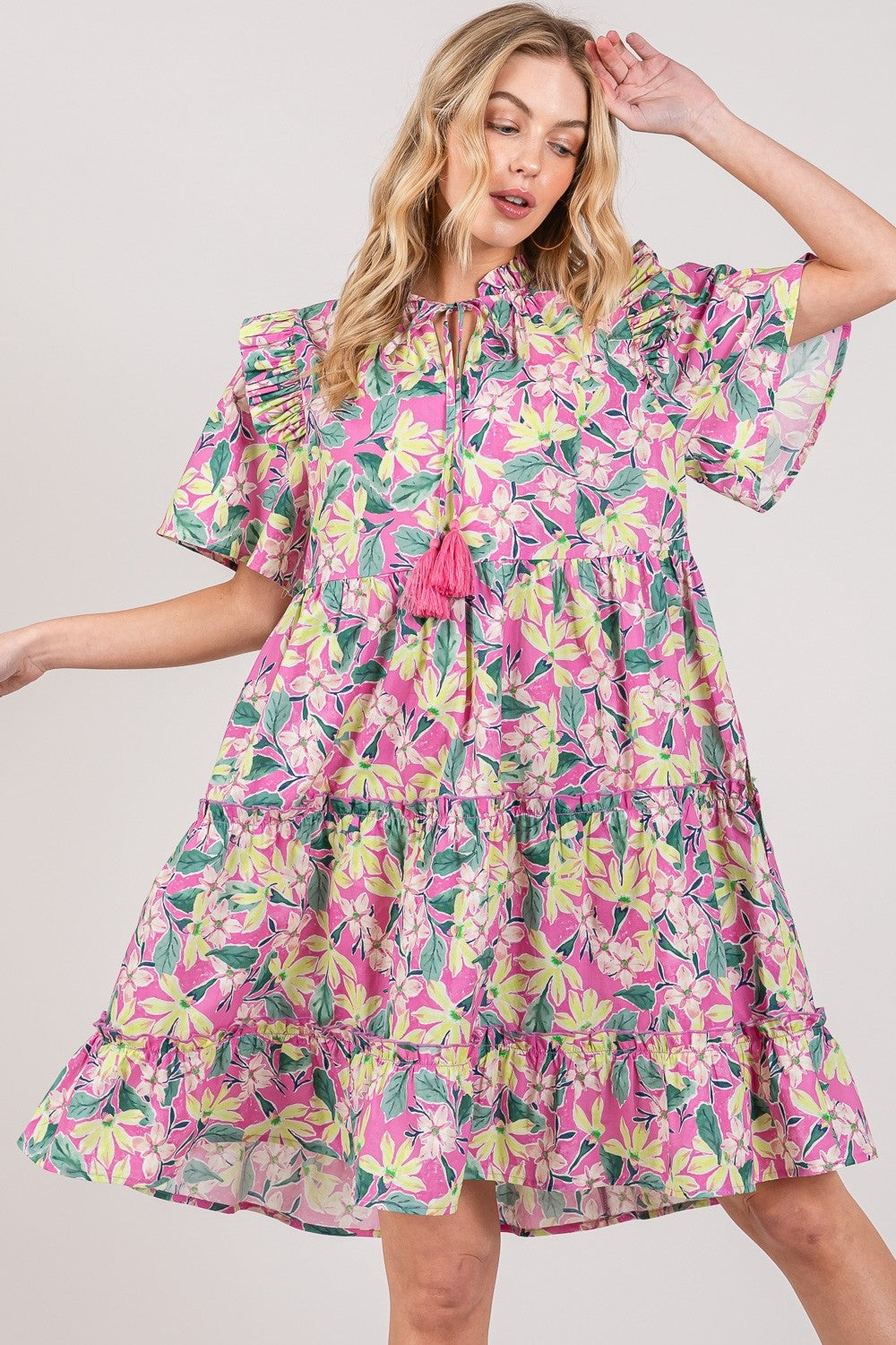 Blue Zone Planet | SAGE + FIG Floral Ruffle Short Sleeve Dress-TOPS / DRESSES-[Adult]-[Female]-Pink-S-2022 Online Blue Zone Planet