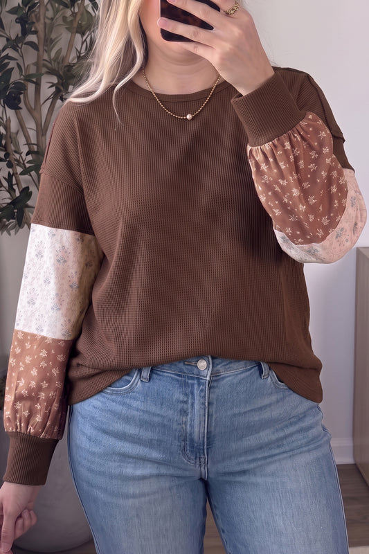 Coffee Plus Size Waffle Knit Floral Patchwork Long Sleeve Top-Plus Size/Plus Size Tops/Plus Size Long Sleeve Tops-[Adult]-[Female]-Coffee-1X-2022 Online Blue Zone Planet