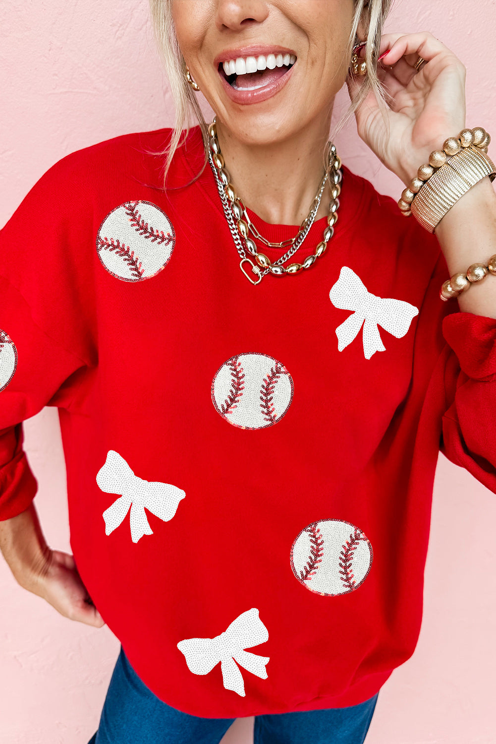 Red Sequin Baseball Bow Patched Pattern Game Day Pullover Sweatshirt-Graphic/Graphic Sweatshirts-[Adult]-[Female]-2022 Online Blue Zone Planet