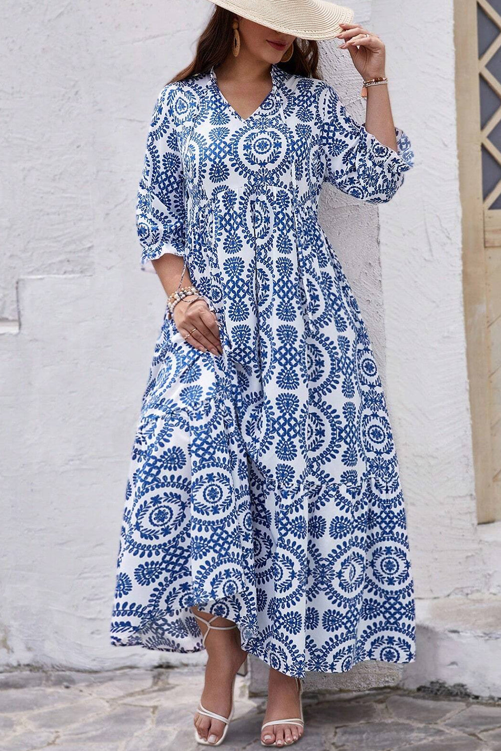 Sky Blue Geometric Print Lace-up Notch Neck Plus Size Maxi Dress-Plus Size/Plus Size Dresses/Plus Size Maxi Dresses-[Adult]-[Female]-2022 Online Blue Zone Planet