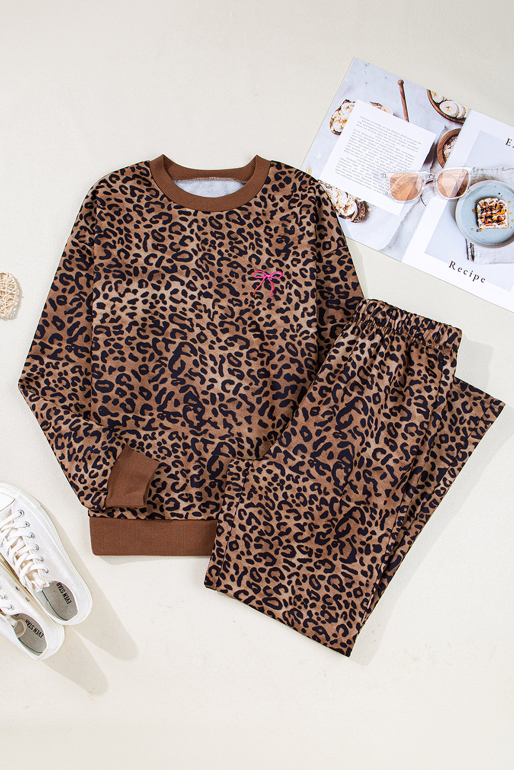 Coffee Leopard Print Contrast Trim Long Sleeve Top And Pants Set-Two Piece Sets/Pant Sets-[Adult]-[Female]-2022 Online Blue Zone Planet