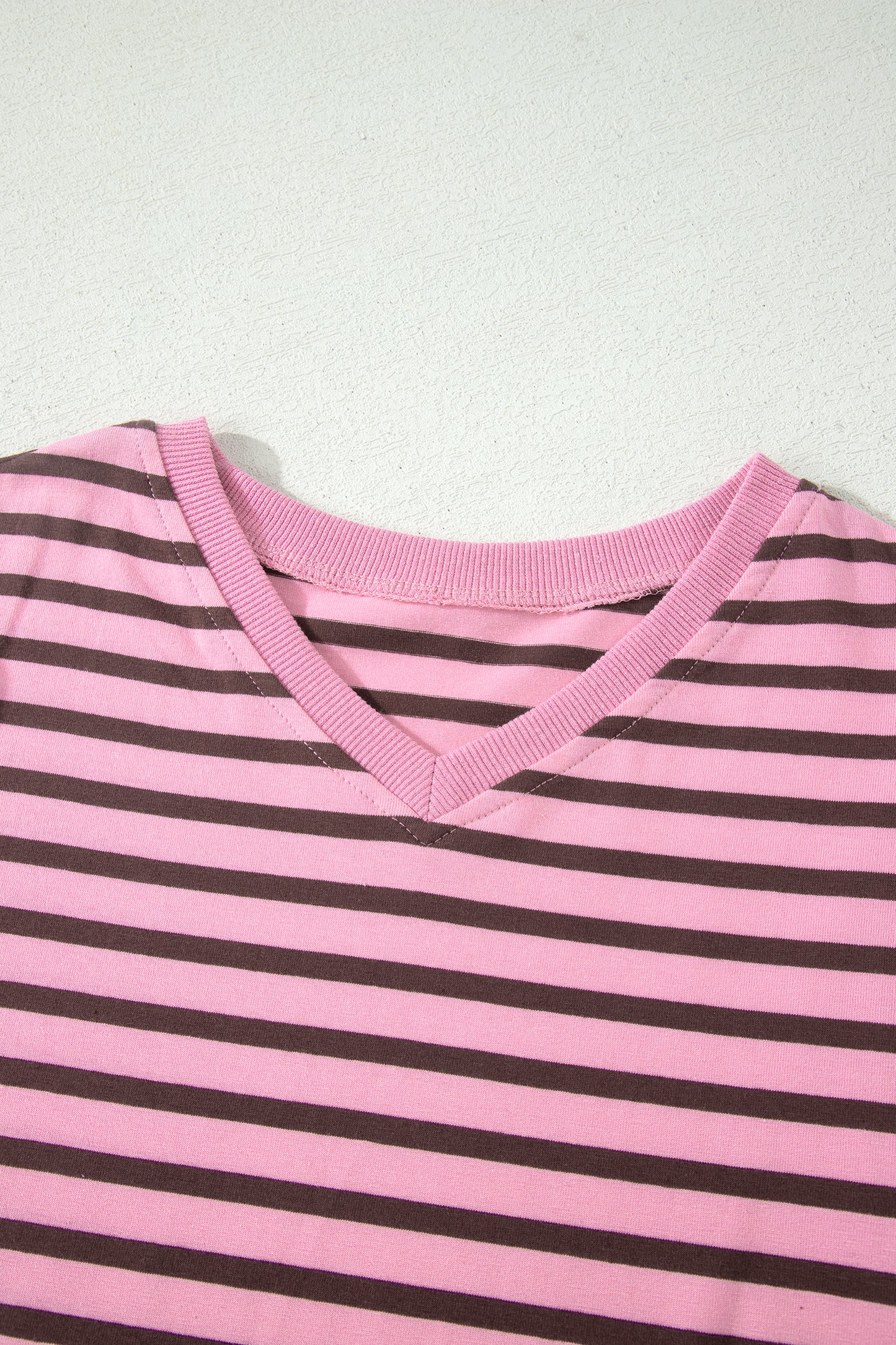 Rose Stripe Striped V-Neck Ribbed Collar Cuff Gathering Puff Sleeve Top-Tops/Tops & Tees-[Adult]-[Female]-2022 Online Blue Zone Planet