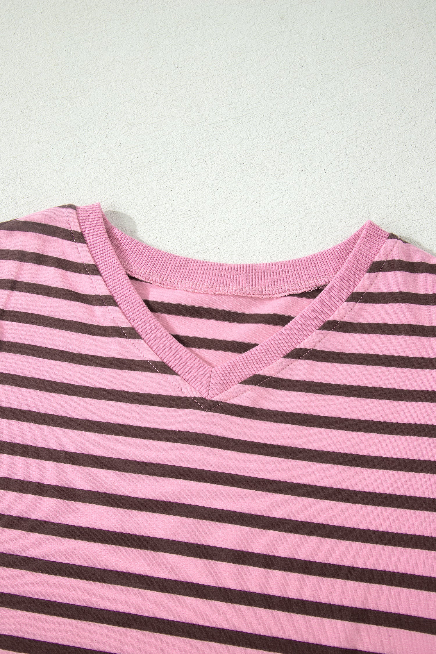 Rose Stripe Striped V-Neck Ribbed Collar Cuff Gathering Puff Sleeve Top-Tops/Tops & Tees-[Adult]-[Female]-2022 Online Blue Zone Planet