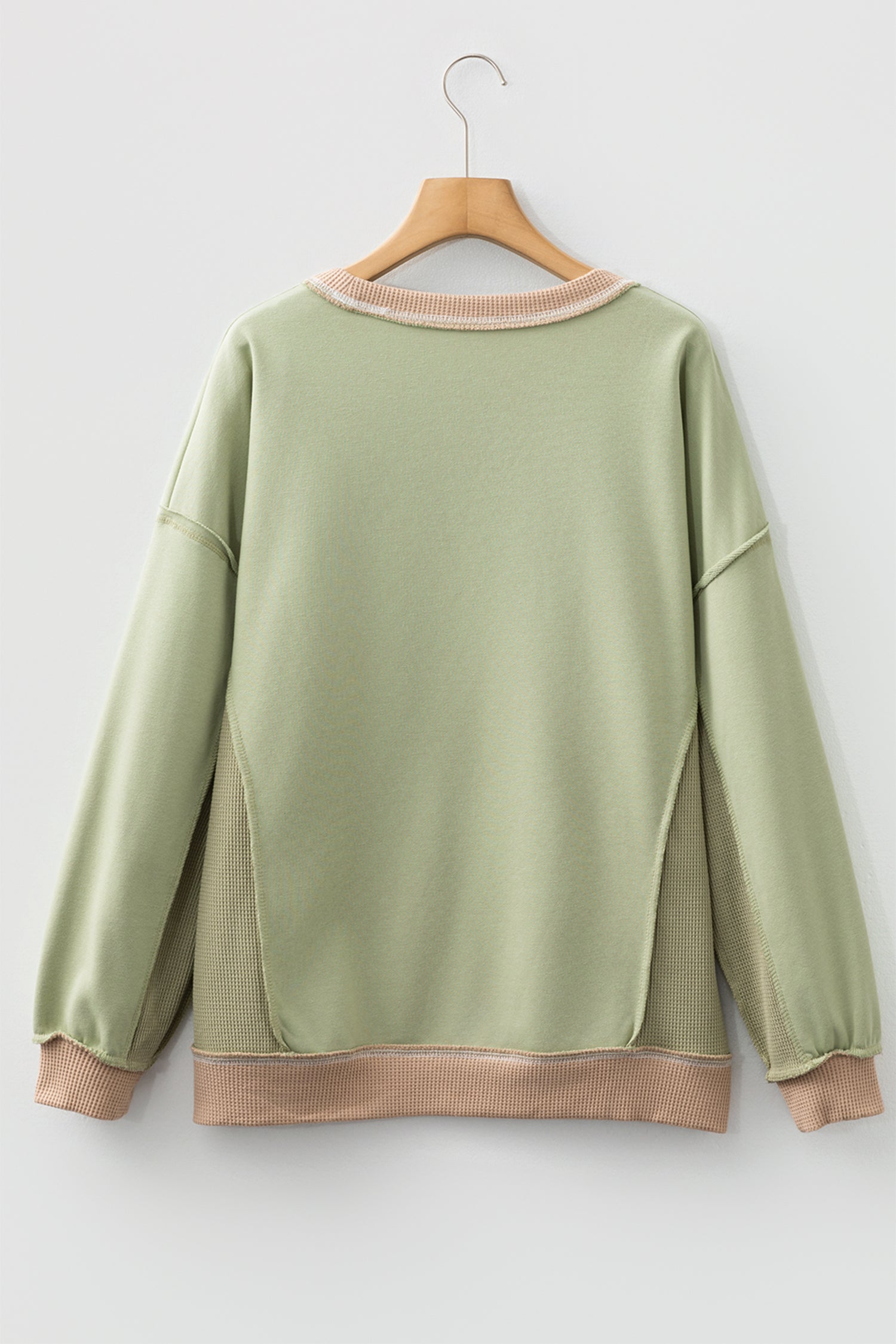 Smoke Green Color Block Mix Texture Waffle Patchwork Oversize Sweatshirt-Tops/Sweatshirts & Hoodies-[Adult]-[Female]-2022 Online Blue Zone Planet