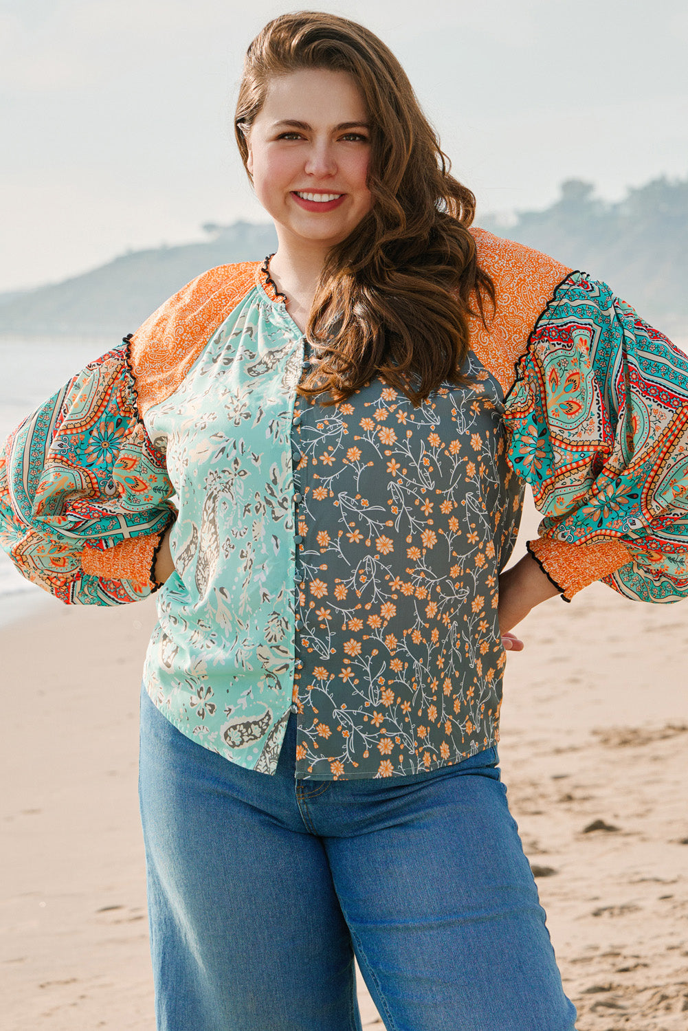 Blue Zone Planet | Green Floral Patchwork Lantern Sleeve Buttoned V Neck Plus Size Blouse-Plus Size/Plus Size Tops/Plus Size Blouses & Shirts-[Adult]-[Female]-2022 Online Blue Zone Planet
