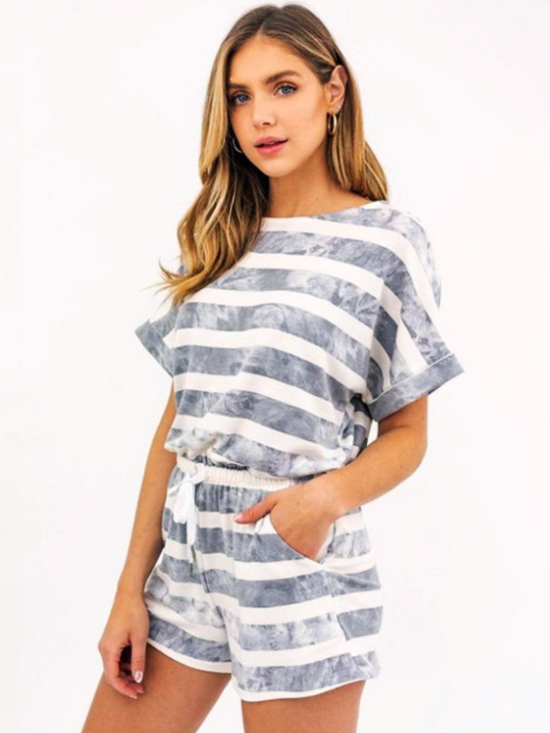 Blue Zone Planet | Striped Round Neck Top and Shorts Set-TOPS / DRESSES-[Adult]-[Female]-Light Gray-S-2022 Online Blue Zone Planet