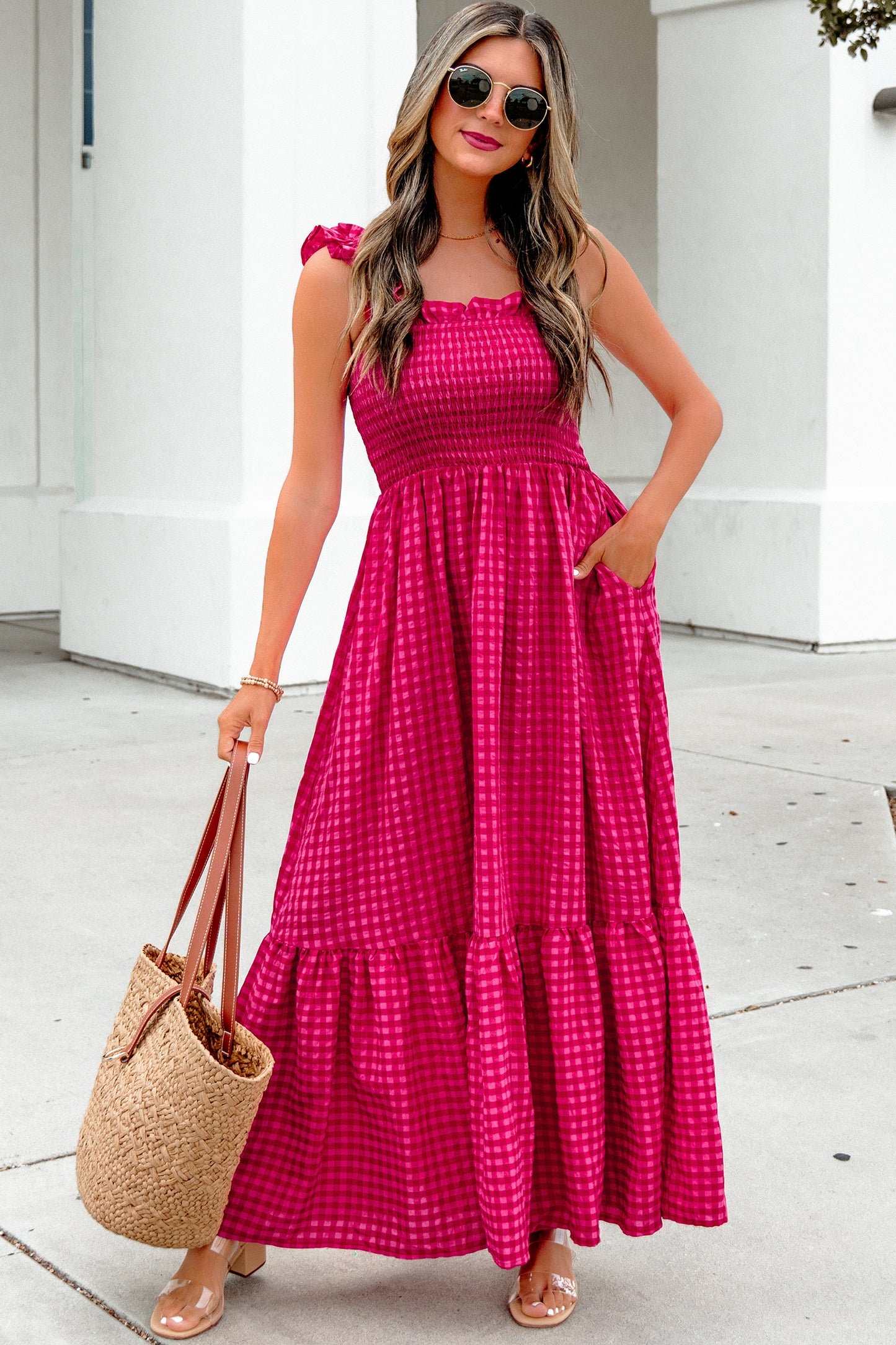 Red Plaid Square Neck Fit-and-flared Vacation Sundress-TOPS / DRESSES-[Adult]-[Female]-2022 Online Blue Zone Planet