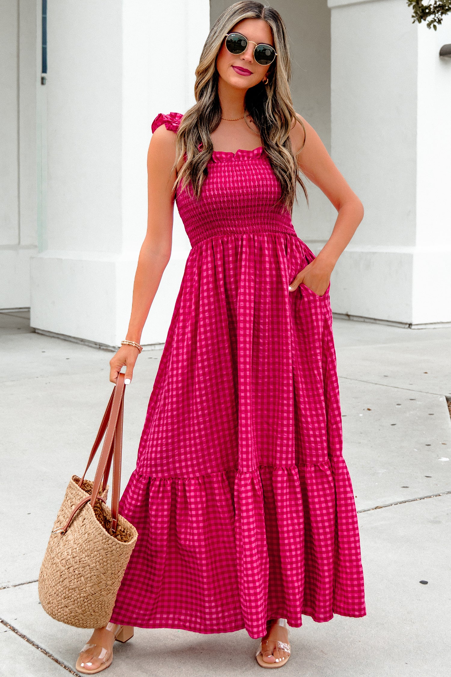 Red Plaid Square Neck Fit-and-flared Vacation Sundress-TOPS / DRESSES-[Adult]-[Female]-2022 Online Blue Zone Planet