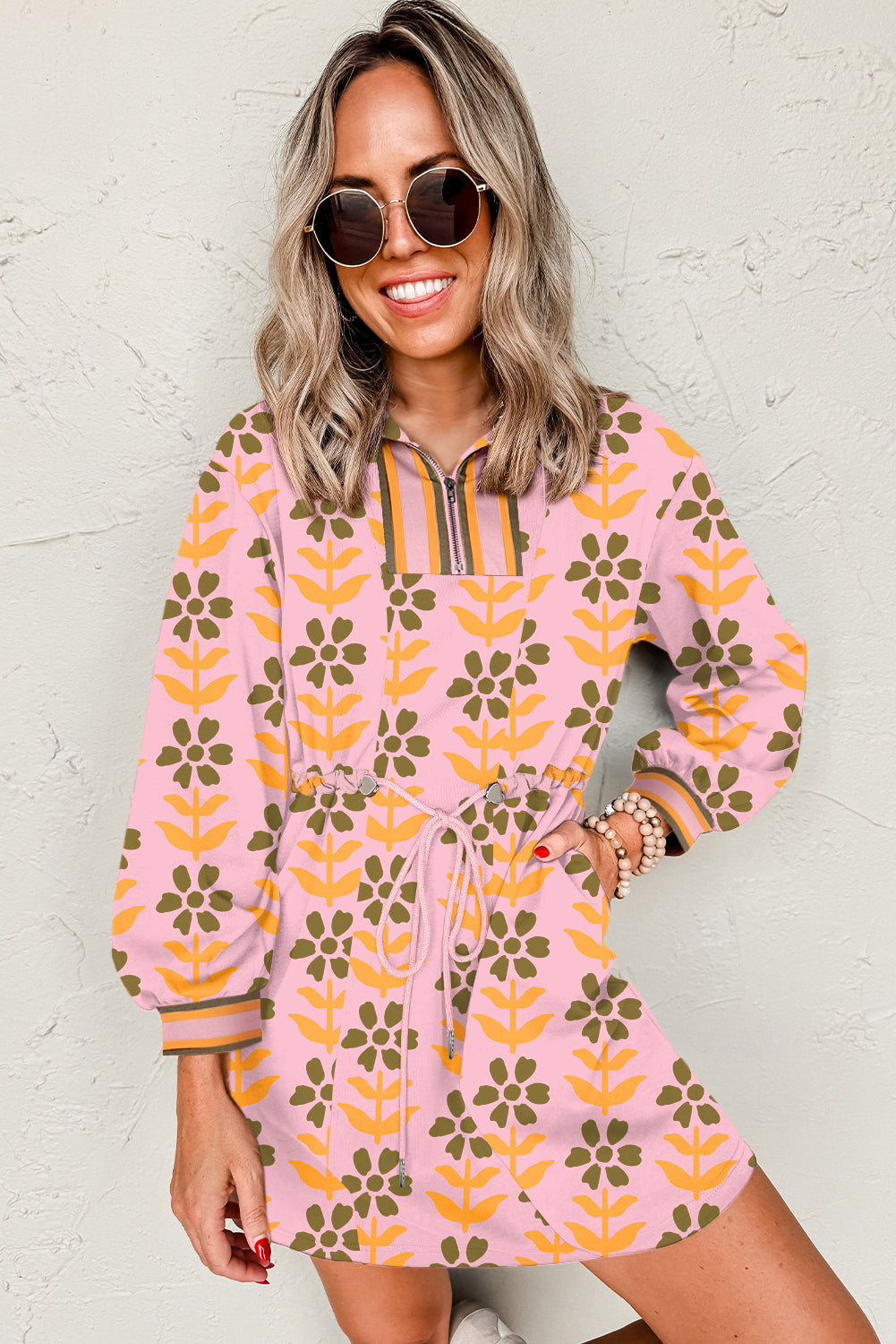 Pink Floral Print Zip Neck Striped Patchwork Long Sleeve Drawstring Dress-Dresses/Floral Dresses-[Adult]-[Female]-2022 Online Blue Zone Planet