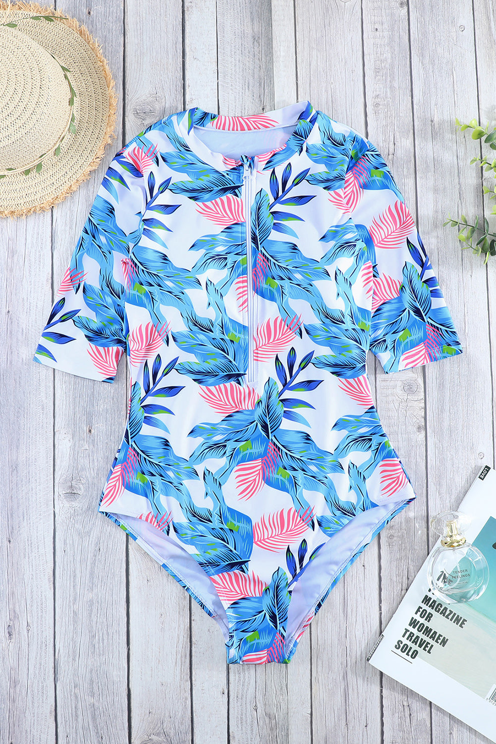 Blue Plant Print Zip Front Half Sleeve One Piece Swimsuit-One-Piece-[Adult]-[Female]-2022 Online Blue Zone Planet