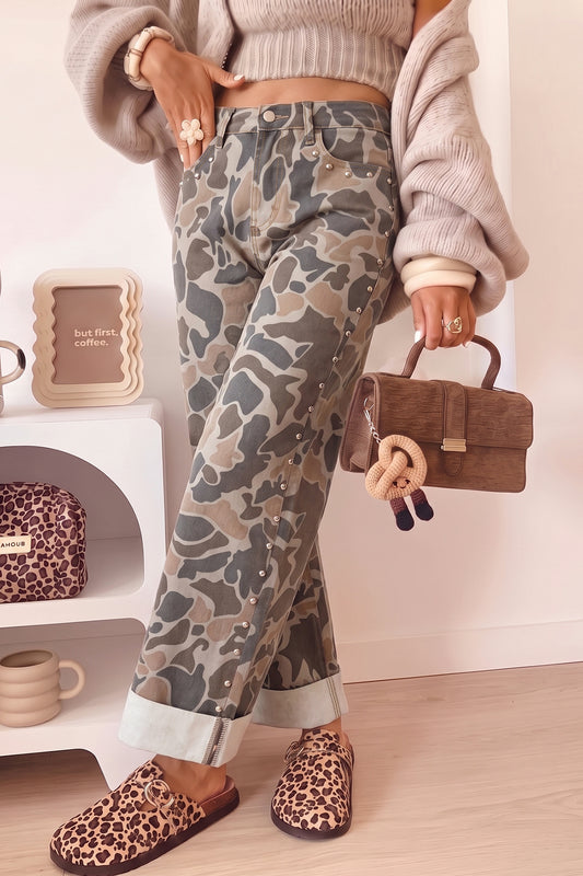 Multicolour Camouflage Studded Straight Loose Jeans