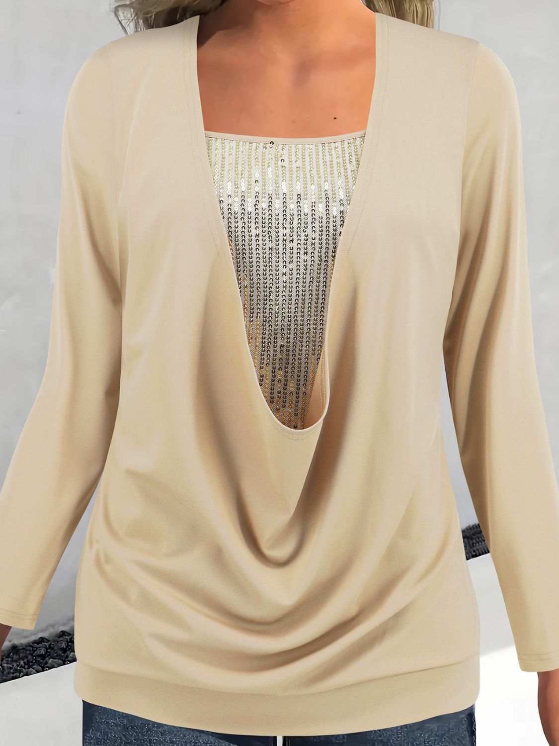 Faux Layered Sequin Long Sleeve Blouse-TOPS / DRESSES-[Adult]-[Female]-Tan-S-2022 Online Blue Zone Planet