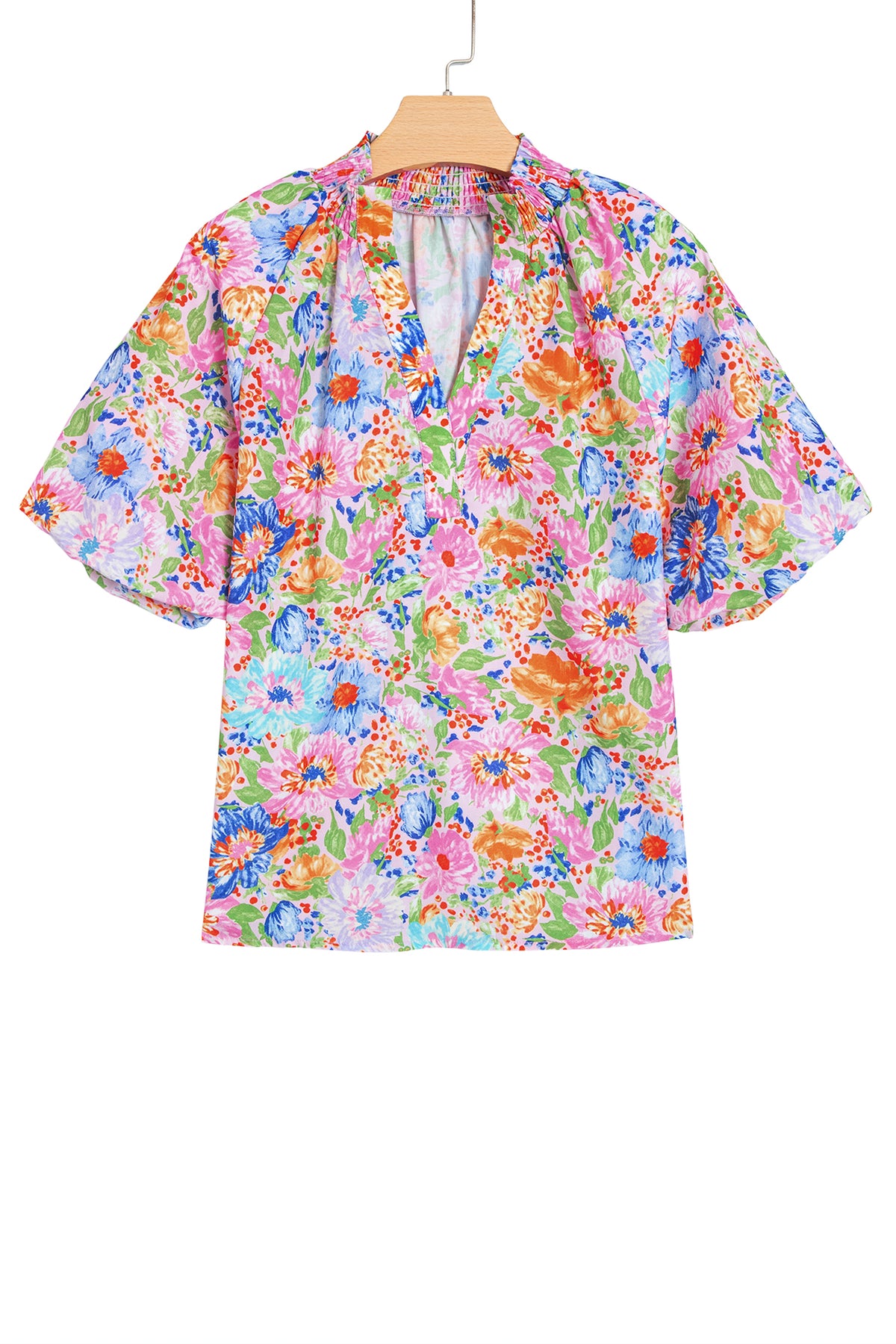 Pink Floral Print V Neck Short Sleeve Shift Blouse-Tops/Blouses & Shirts-[Adult]-[Female]-2022 Online Blue Zone Planet
