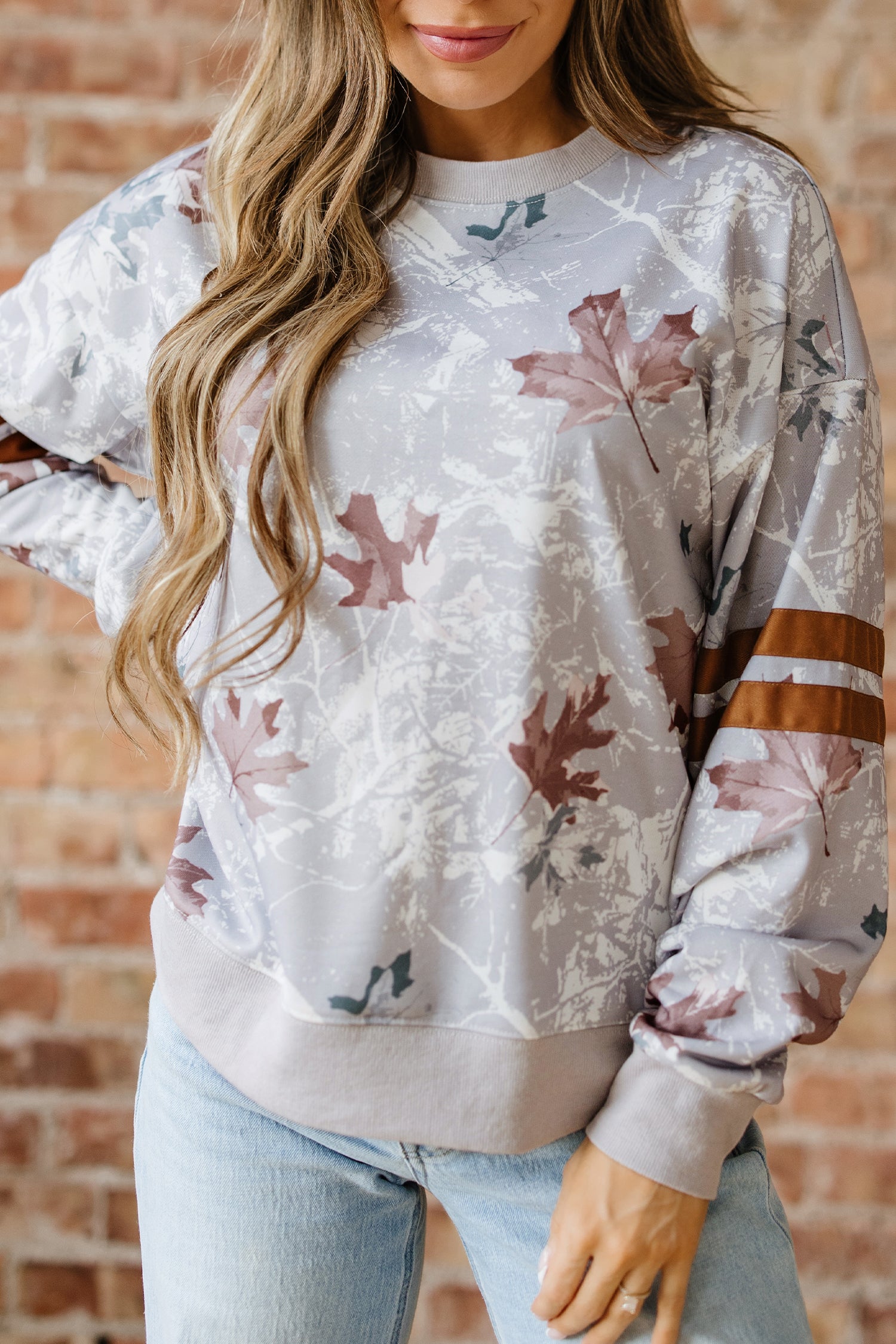 Gray Maple Leaf Camo Print Varsity Striped Sleeve Casual Sweatshirt-Tops/Sweatshirts & Hoodies-[Adult]-[Female]-2022 Online Blue Zone Planet