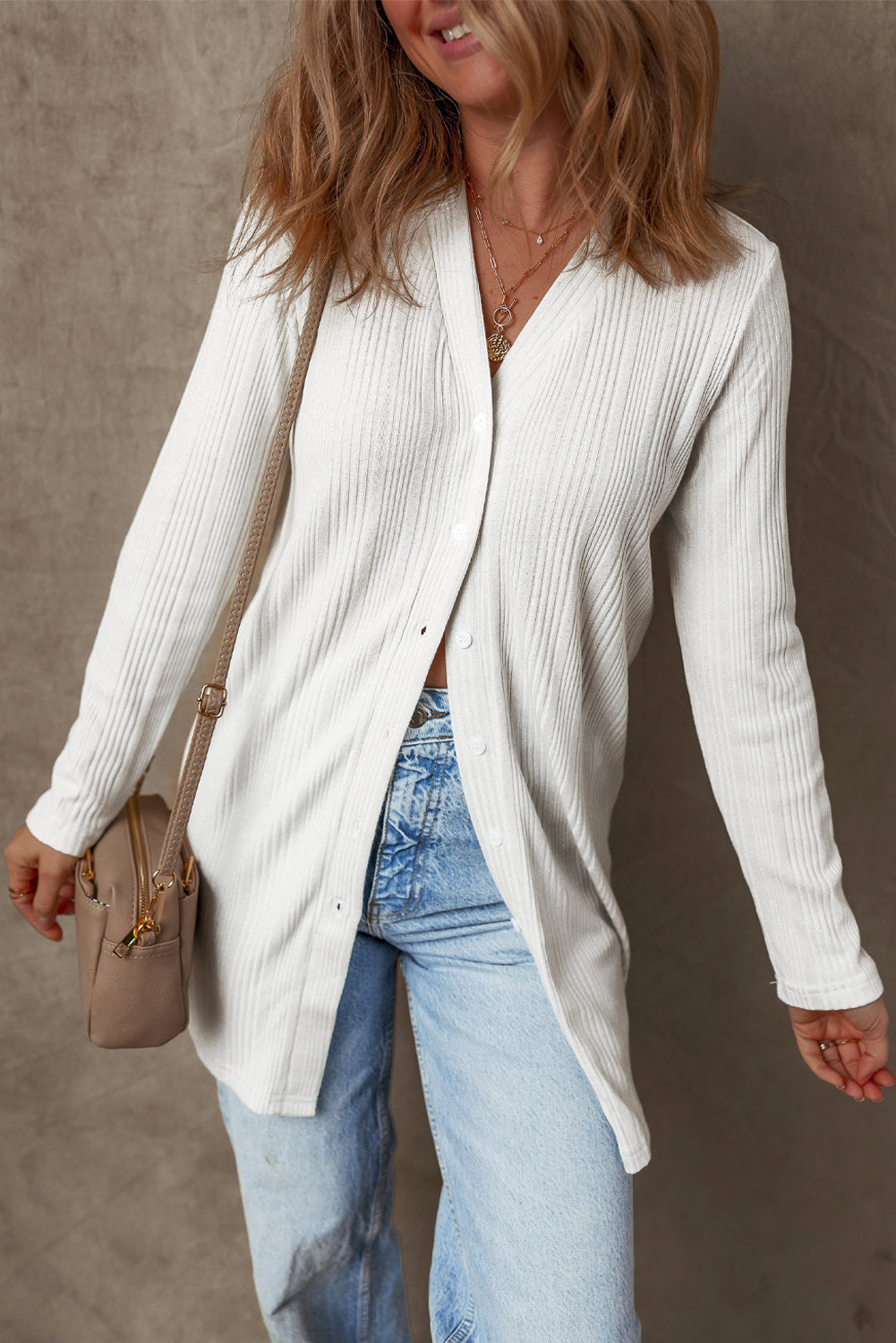 Blue Zone Planet | White Solid Color Ribbed Button up Tunic Cardigan-Sweaters & Cardigans/Cardigans-[Adult]-[Female]-2022 Online Blue Zone Planet