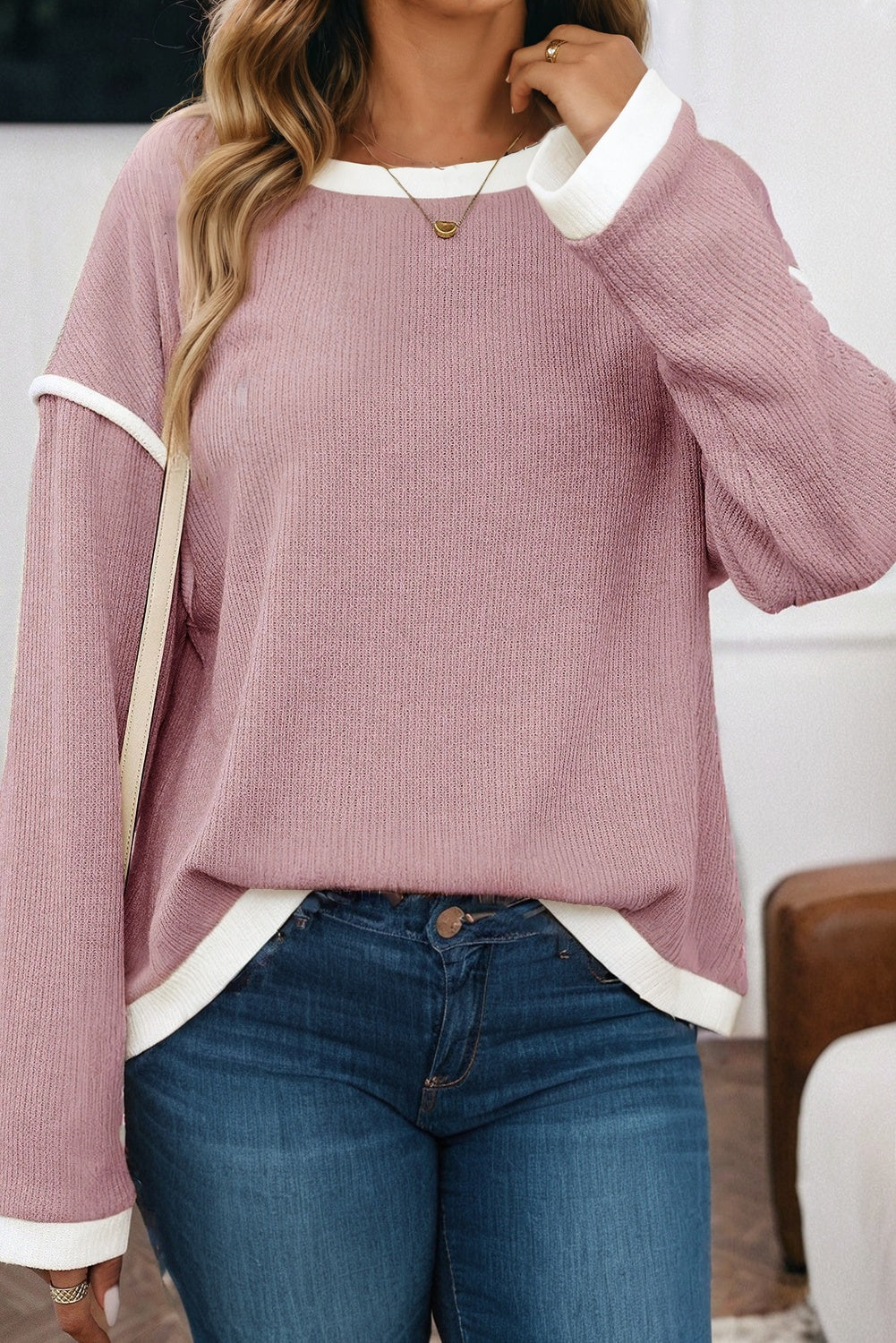 Light Pink Contrast Trim Knitted Drop Shoulder Plus Size Top-Plus Size/Plus Size Tops/Plus Size Long Sleeve Tops-[Adult]-[Female]-2022 Online Blue Zone Planet