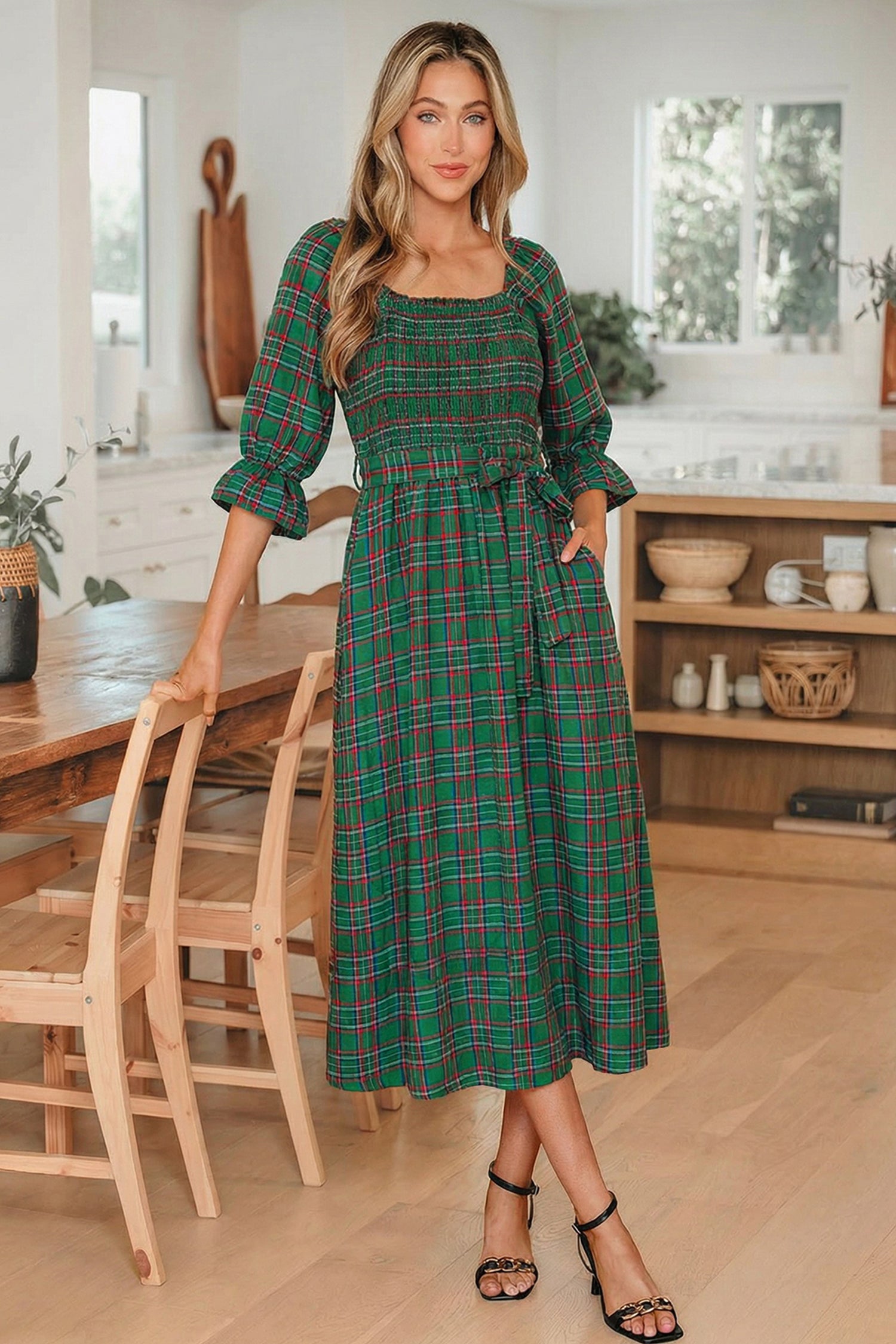 Green Tartan Plaid Square Neck Puff Sleeve Knot Waist Flared Midi Dress-TOPS / DRESSES-[Adult]-[Female]-2022 Online Blue Zone Planet