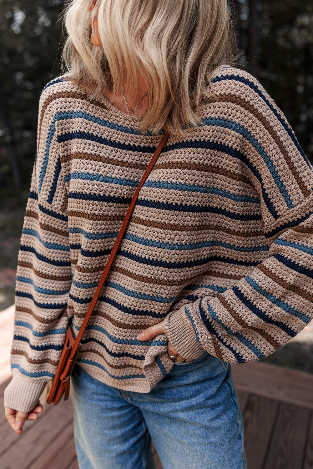 Multicolour Striped Knitted Drop Shoulder Round Neck Sweater-TOPS / DRESSES-[Adult]-[Female]-2022 Online Blue Zone Planet