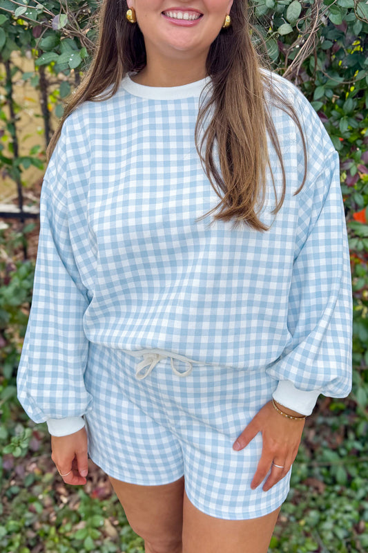 Sky Blue Gingham Loose Pullover Top Drawstring Shorts Plus Size Set-Plus Size/Plus Size Loungewear-[Adult]-[Female]-Sky Blue-1X-2022 Online Blue Zone Planet