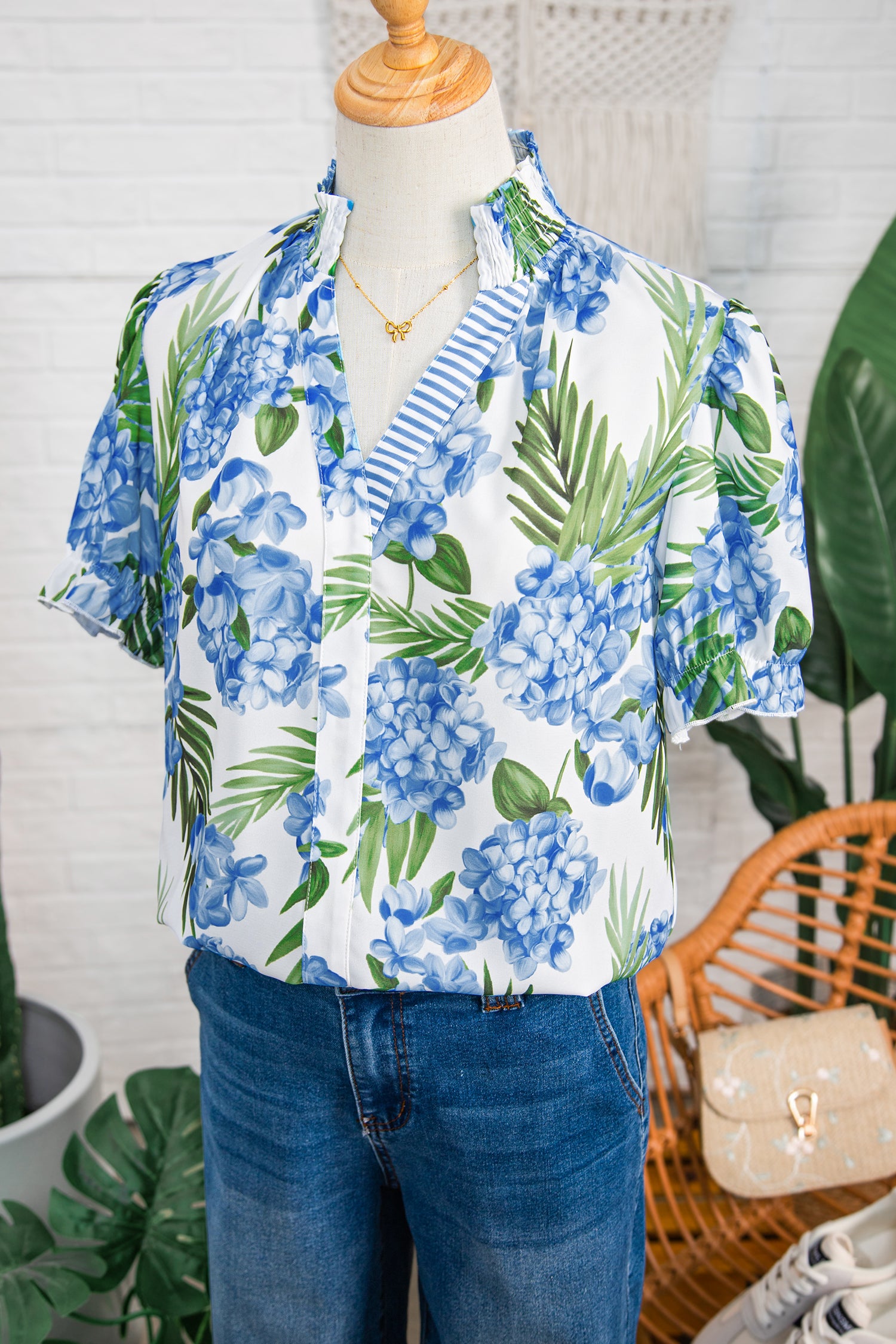 Sky Blue Palm Floral Print Striped Patchwork V Neck Short Sleeve Blouse-Tops/Blouses & Shirts-[Adult]-[Female]-2022 Online Blue Zone Planet