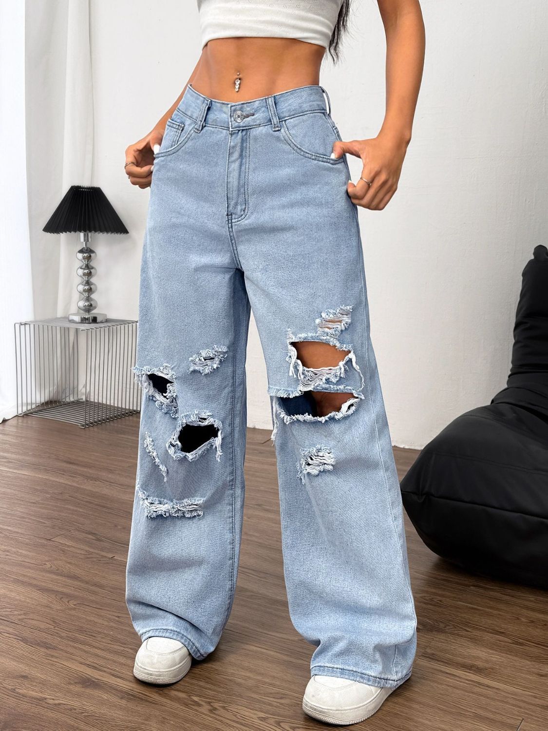 Distressed Wide Leg Jeans with Pockets-BOTTOM SIZES SMALL MEDIUM LARGE-[Adult]-[Female]-2022 Online Blue Zone Planet