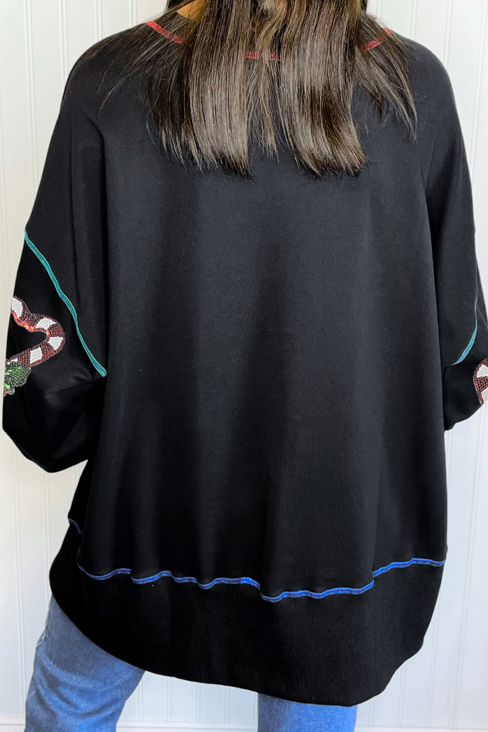 Black Christmas Candy Cane Heart Sequin Patch Graphic Contrast Seam Baggy Sweatshirt-Graphic Sweatshirts-[Adult]-[Female]-2022 Online Blue Zone Planet
