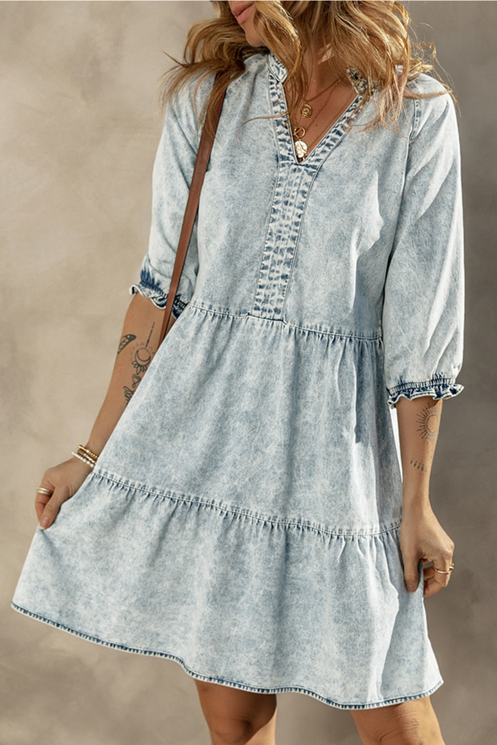 Blue Zone Planet |  Dusk Blue Acid Wash Retro Half Sleeve Flared Denim Dress Blue Zone Planet