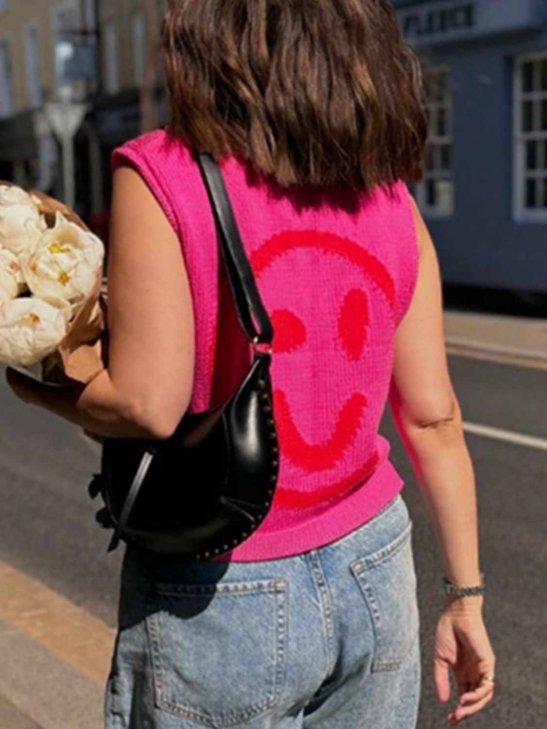 Smiley Round Neck Sweater Vest-TOPS / DRESSES-[Adult]-[Female]-2022 Online Blue Zone Planet