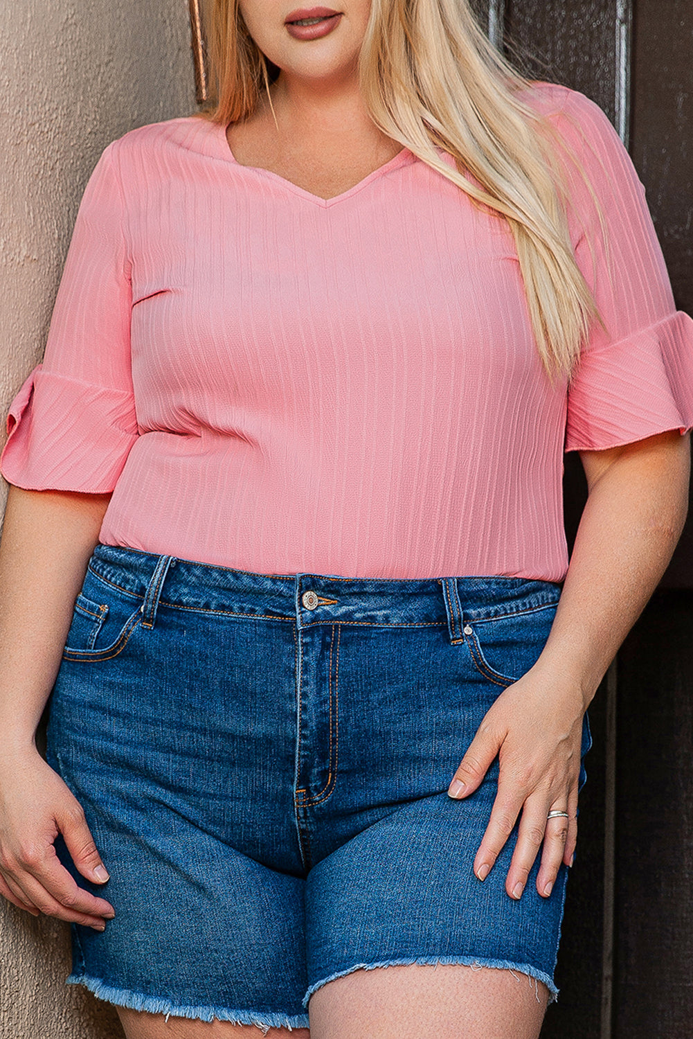 Peach Blossom Ruffled Half Sleeve V Neck Textured Plus Top-Plus Size/Plus Size Tops/Plus Size Blouses & Shirts-[Adult]-[Female]-2022 Online Blue Zone Planet