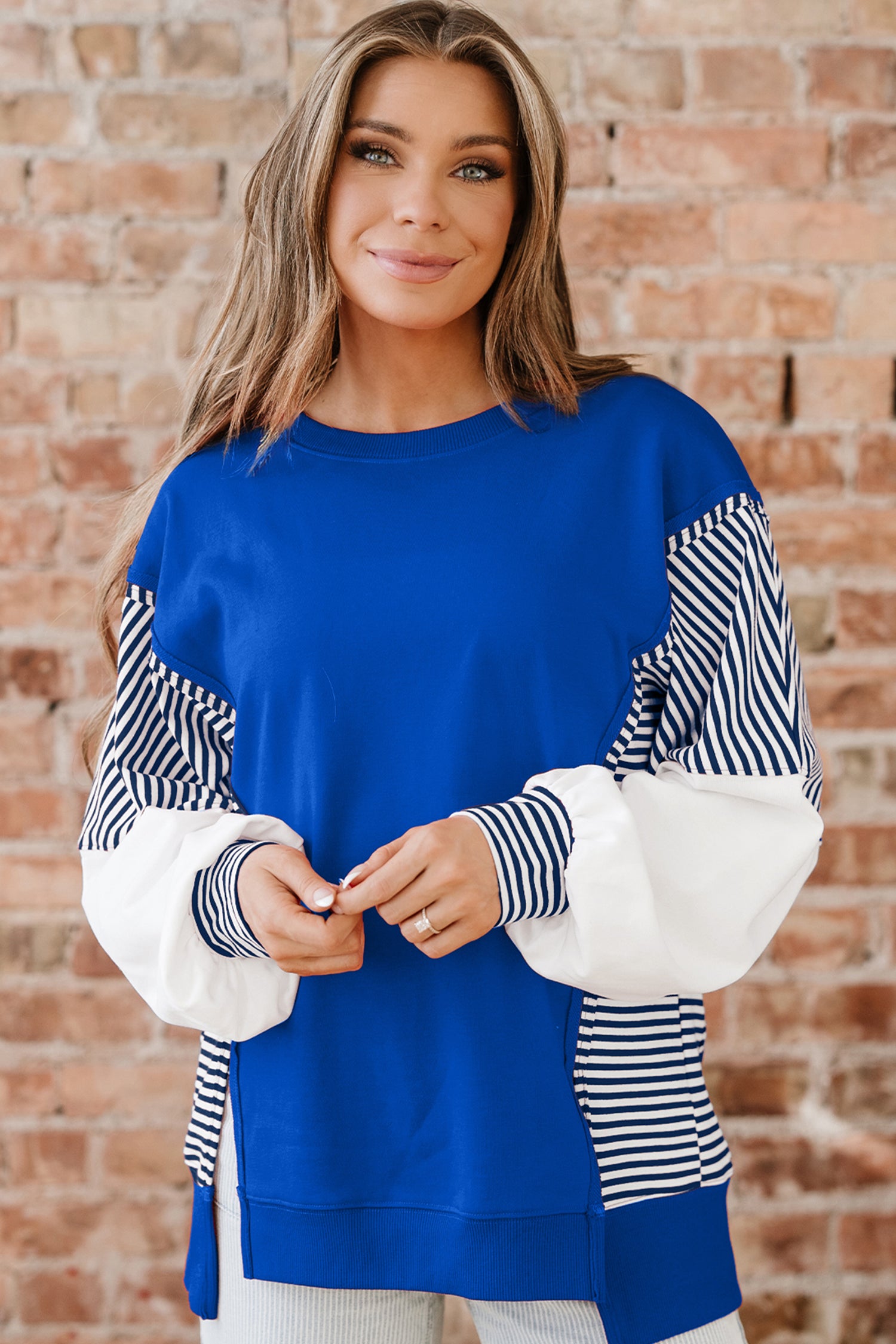 Dark Blue Striped Patchwork Sleeve Colorblock Sweatshirt-Tops/Sweatshirts & Hoodies-[Adult]-[Female]-2022 Online Blue Zone Planet