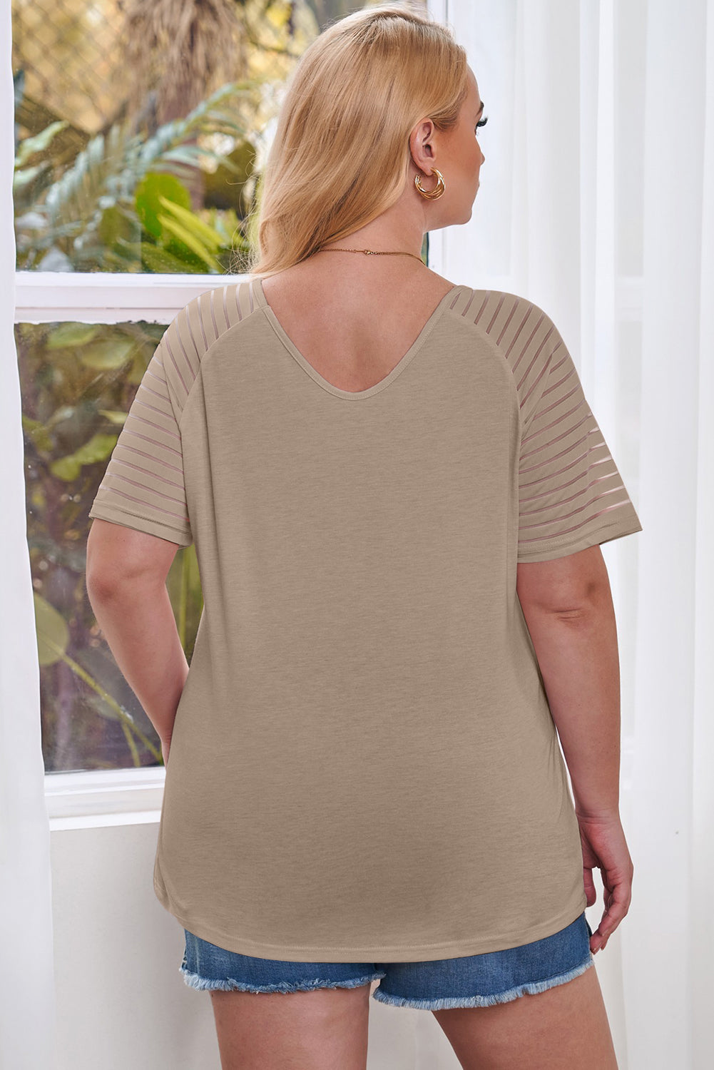 Khaki Striped Raglan Sleeve Plus Size Tee-Plus Size/Plus Size Tops/Plus Size Tops & Tees-[Adult]-[Female]-2022 Online Blue Zone Planet