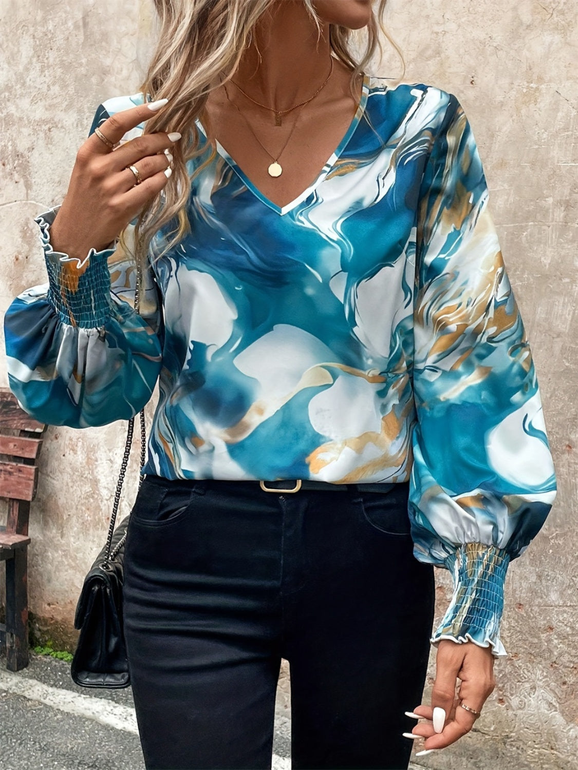 Tie-Dye V-Neck Long Sleeve Blouse-TOPS / DRESSES-[Adult]-[Female]-2022 Online Blue Zone Planet