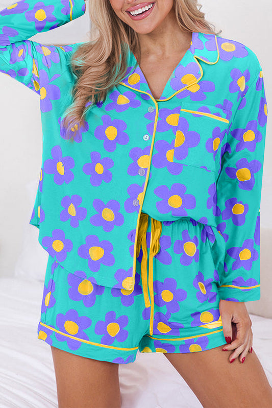 Green Flower Print Long Sleeve Shirt Shorts Pajamas Set-Loungewear & Sleepwear/Sleepwear-[Adult]-[Female]-Green-S-2022 Online Blue Zone Planet