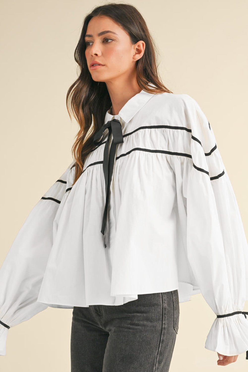 White Black Pipping Ribbon Bowtie Collared Ruffled Puff Sleeve Shirt-Tops/Blouses & Shirts-[Adult]-[Female]-2022 Online Blue Zone Planet