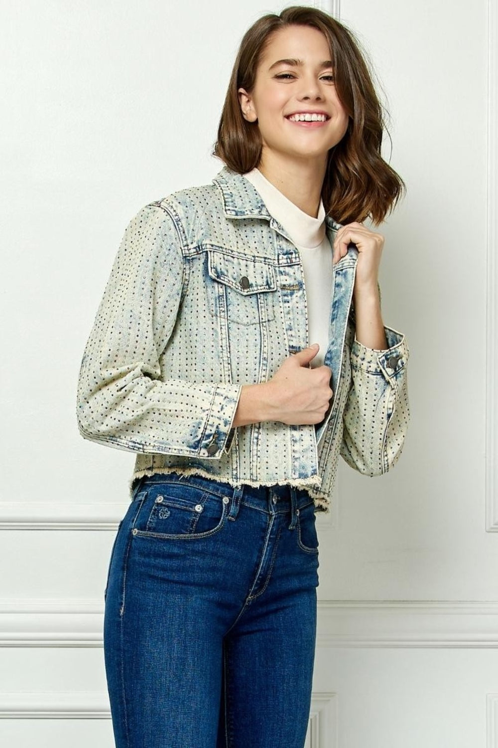 Veveret Multi Color Stripe Rhinestone Raw Hem Denim Jacket-TOPS / DRESSES-[Adult]-[Female]-2022 Online Blue Zone Planet