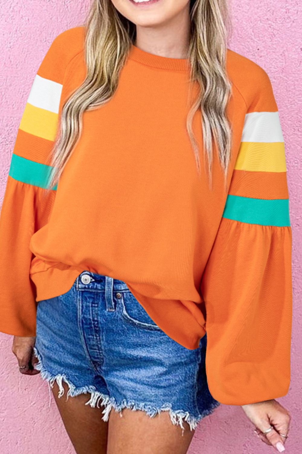 Blue Zone Planet | Color Block Round Neck Long Sleeve Sweatshirt-TOPS / DRESSES-[Adult]-[Female]-Tangerine-S-2022 Online Blue Zone Planet