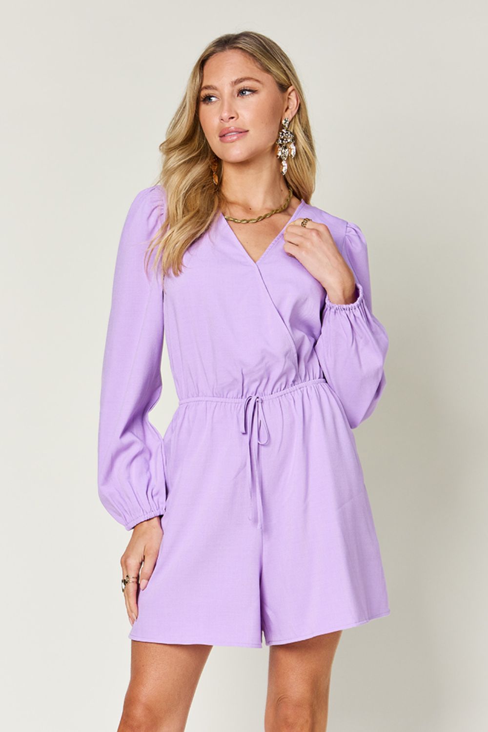 Blue Zone Planet | Double Take Full Size Drawstring Long Sleeve Romper-TOPS / DRESSES-[Adult]-[Female]-Lavender-S-2022 Online Blue Zone Planet