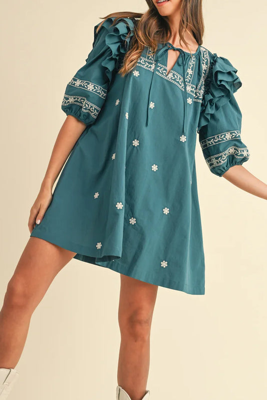 Skobeloff Boho Floral Puff Sleeve Tie Neck Mini Dress-Short Dresses-[Adult]-[Female]-Skobeloff-S-2022 Online Blue Zone Planet