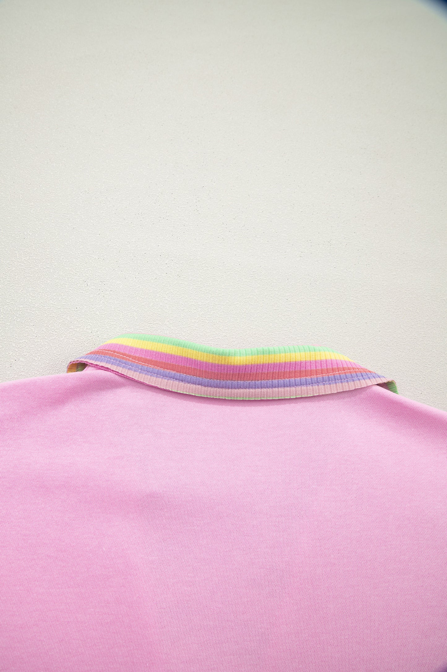Pink Rainbow Stripe Ribbed Patchwork Raw Seam Oversize Polo Tee-Tops/Tops & Tees-[Adult]-[Female]-2022 Online Blue Zone Planet