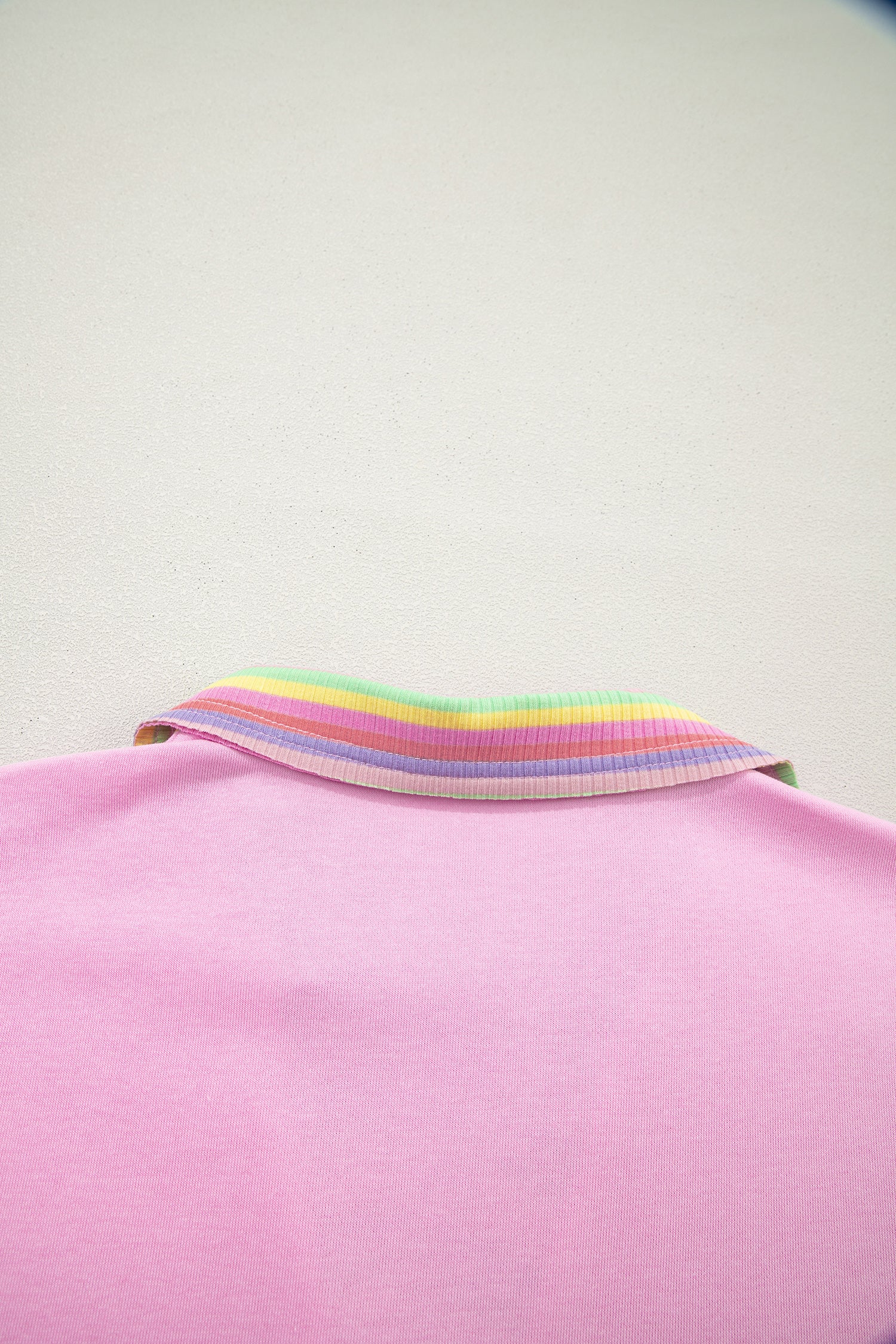 Pink Rainbow Stripe Ribbed Patchwork Raw Seam Oversize Polo Tee-Tops/Tops & Tees-[Adult]-[Female]-2022 Online Blue Zone Planet