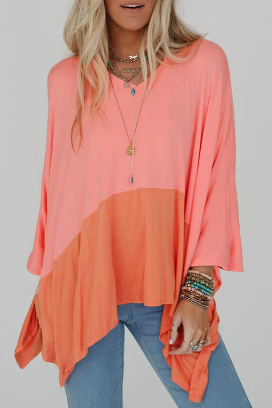 Grapefruit Orange Contrast Color Patchwork Oversized Side Split Top-Tops/Long Sleeve Tops-[Adult]-[Female]-Grapefruit Orange-S-2022 Online Blue Zone Planet