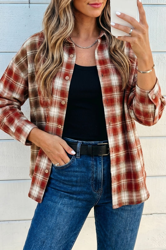 Red Contrast Plaid Long Sleeve Button Down Shirt-Tops/Blouses & Shirts-[Adult]-[Female]-Red-S-2022 Online Blue Zone Planet