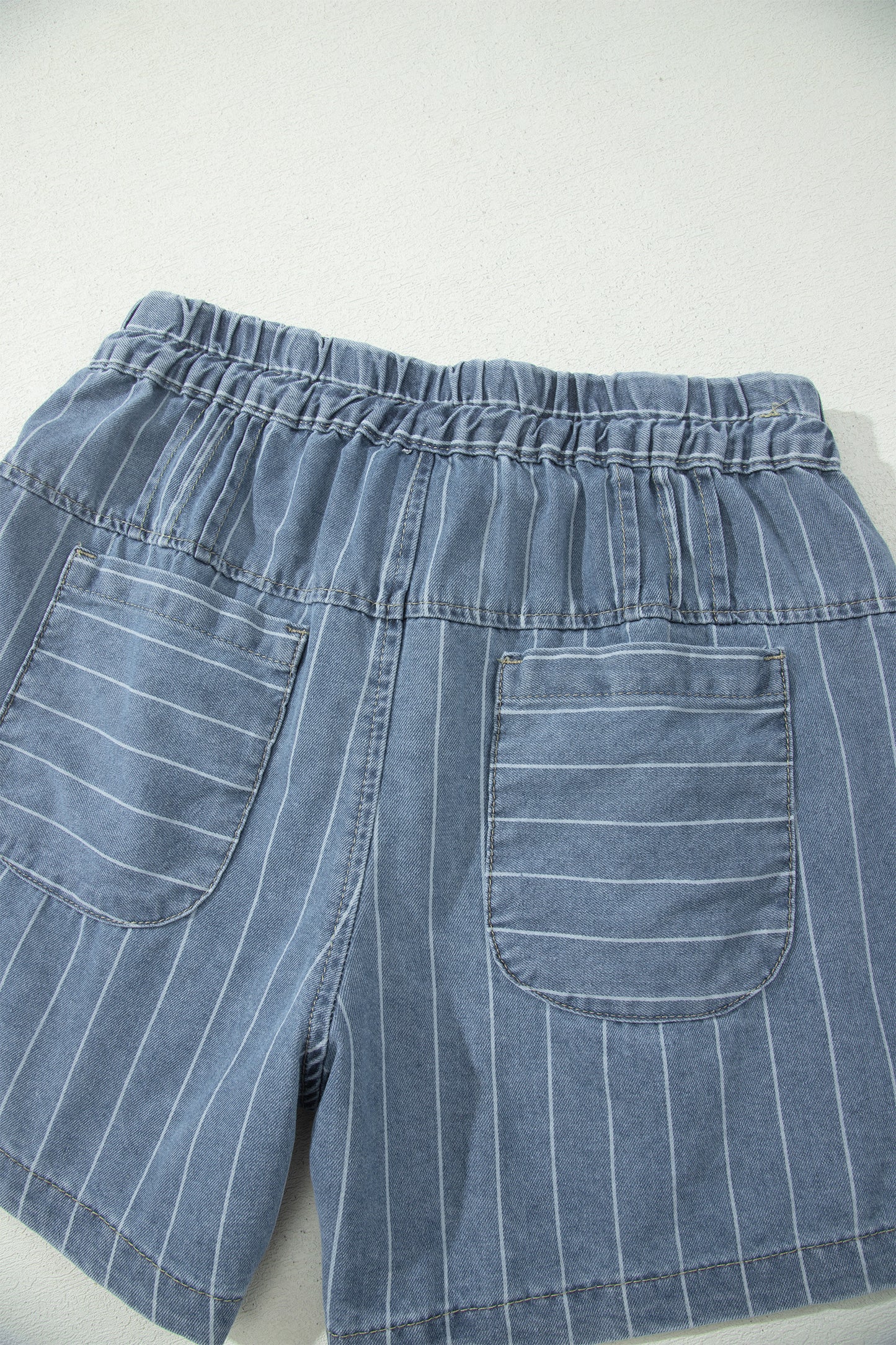Sky Blue Stripe Drawstring Button Pleated High Waist Denim Shorts-Bottoms/Denim Shorts-[Adult]-[Female]-2022 Online Blue Zone Planet