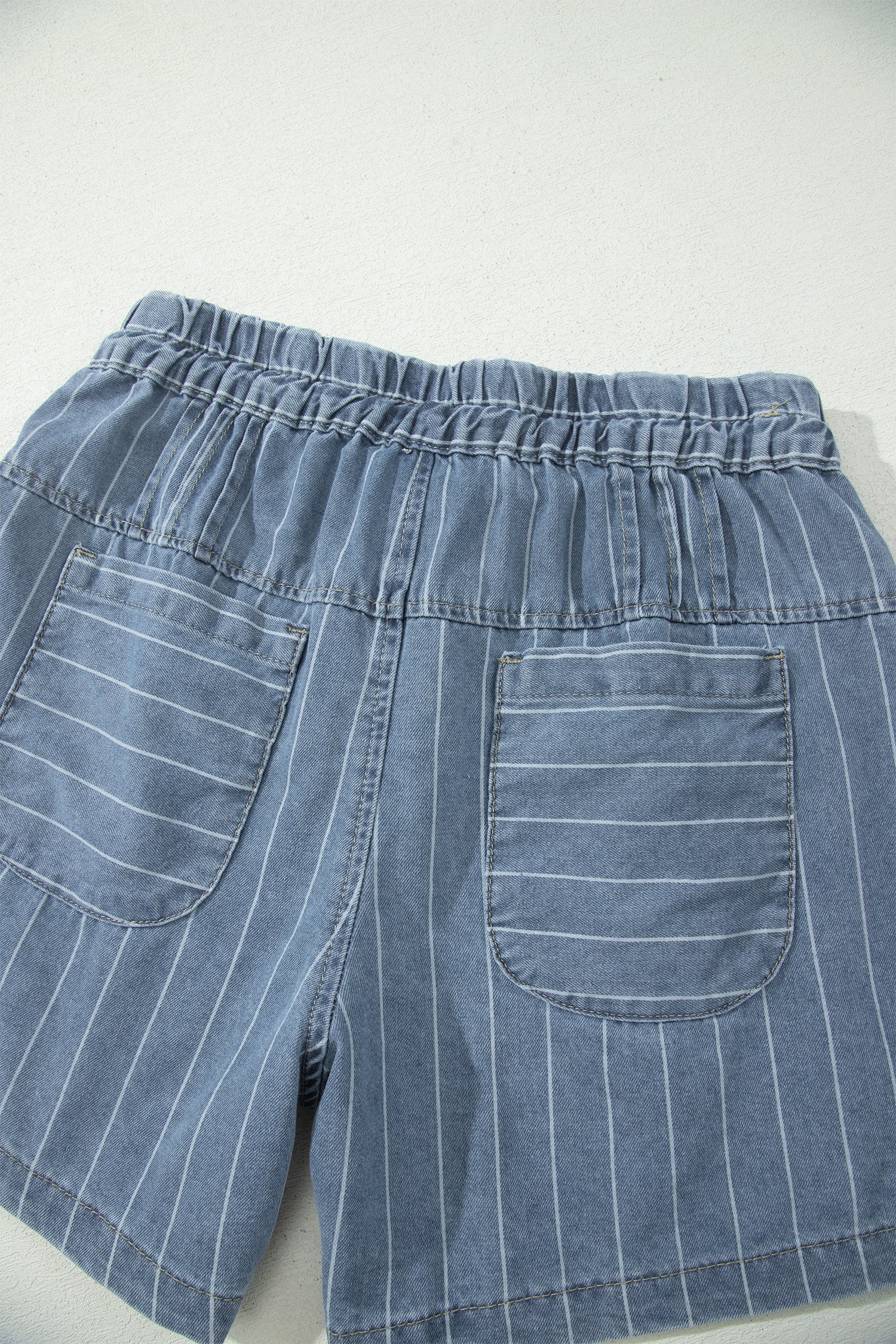 Sky Blue Stripe Drawstring Button Pleated High Waist Denim Shorts-Bottoms/Denim Shorts-[Adult]-[Female]-2022 Online Blue Zone Planet