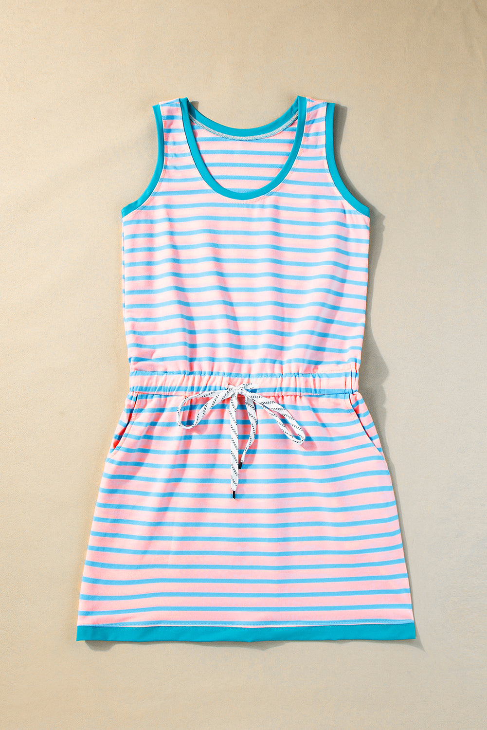 Blue Zone Planet | Pink Stripe Contrast Trim Pocketed Tank Dress-TOPS / DRESSES-[Adult]-[Female]-2022 Online Blue Zone Planet