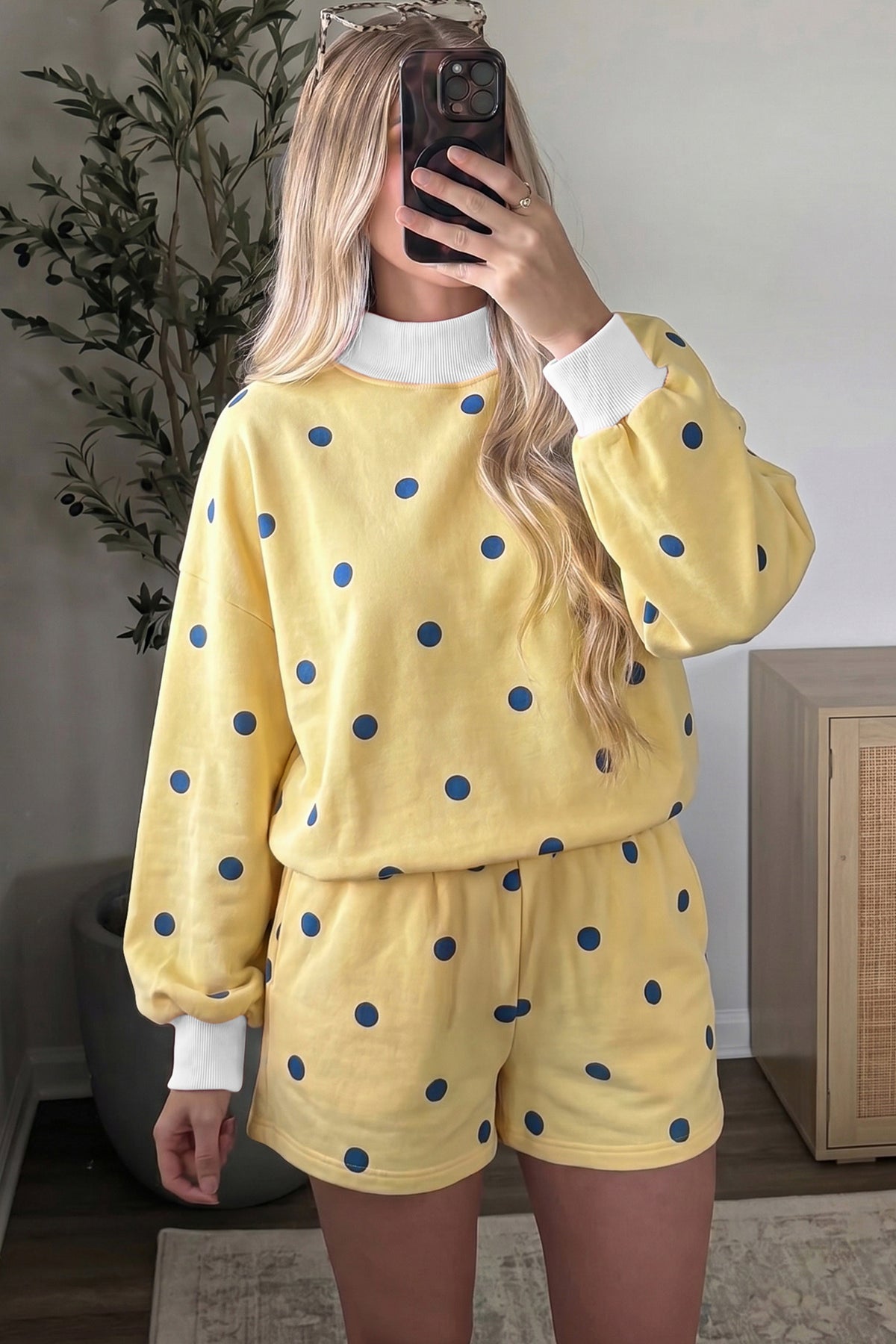 Yellow Polka Dot Ribbed Trim Long Sleeve Top Casual Short Set-Two Piece Sets/Short Sets-[Adult]-[Female]-2022 Online Blue Zone Planet