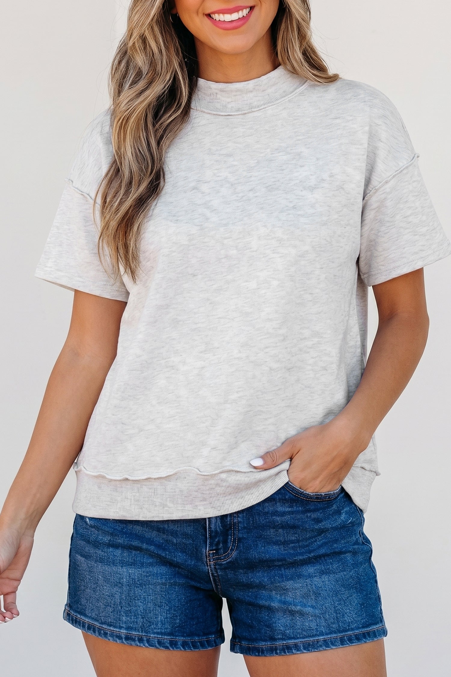 Light Grey Exposed Seam Detail Mock Neck Tee-Tops/Tops & Tees-[Adult]-[Female]-2022 Online Blue Zone Planet